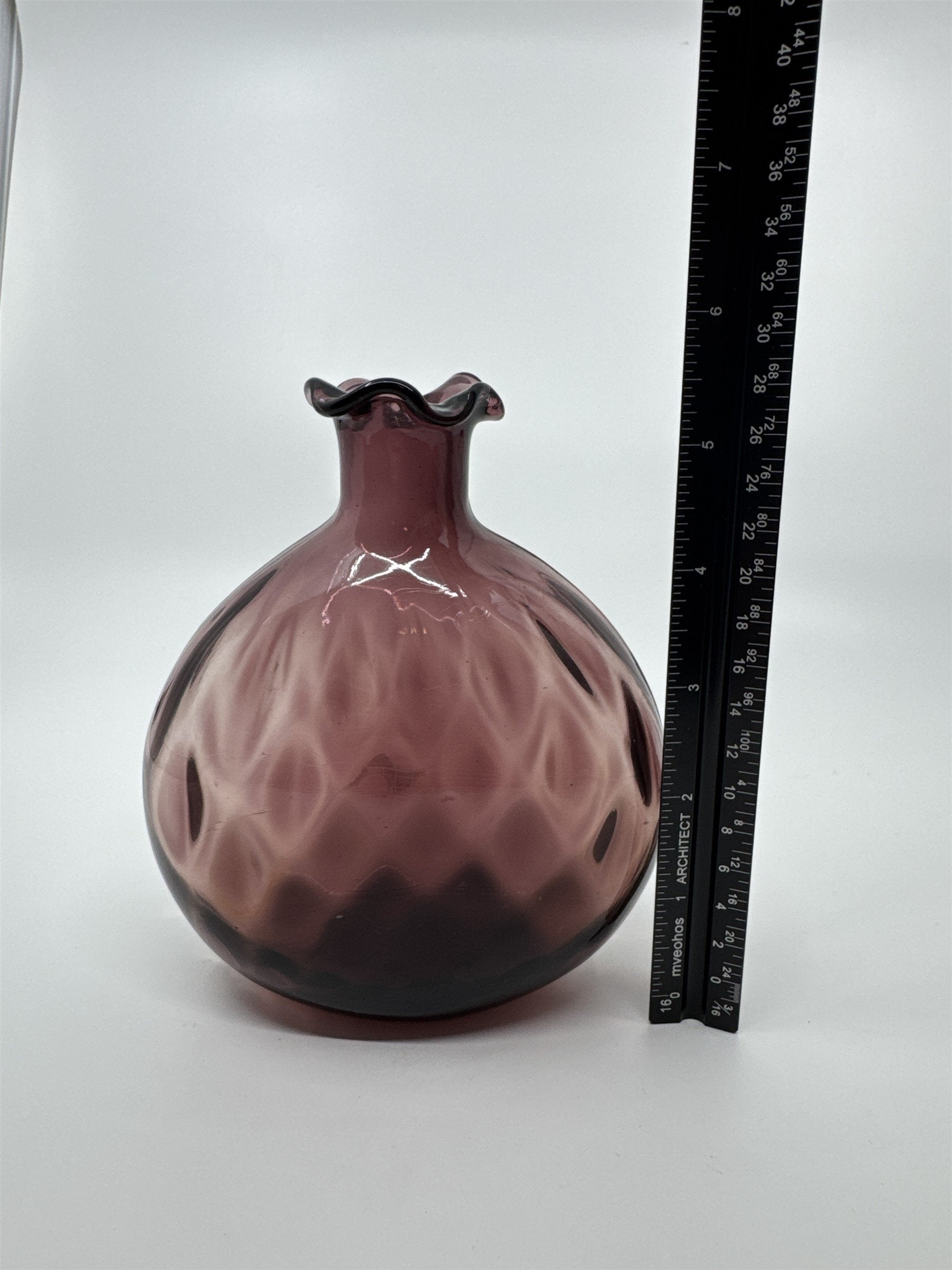 Vintage Amethyst Purple Blown Art Glass Vase Ruffled Top Ribbed Optic Vase