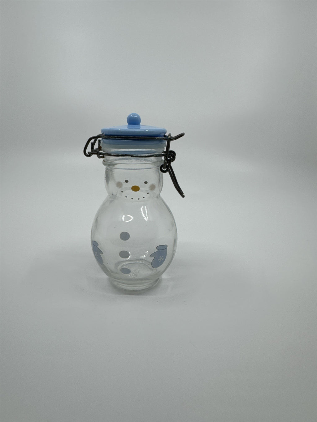 Hand Painted Glass Snowman Jar Bottle Bail Closure Lid Blue /w Mittens 5" MSRF
