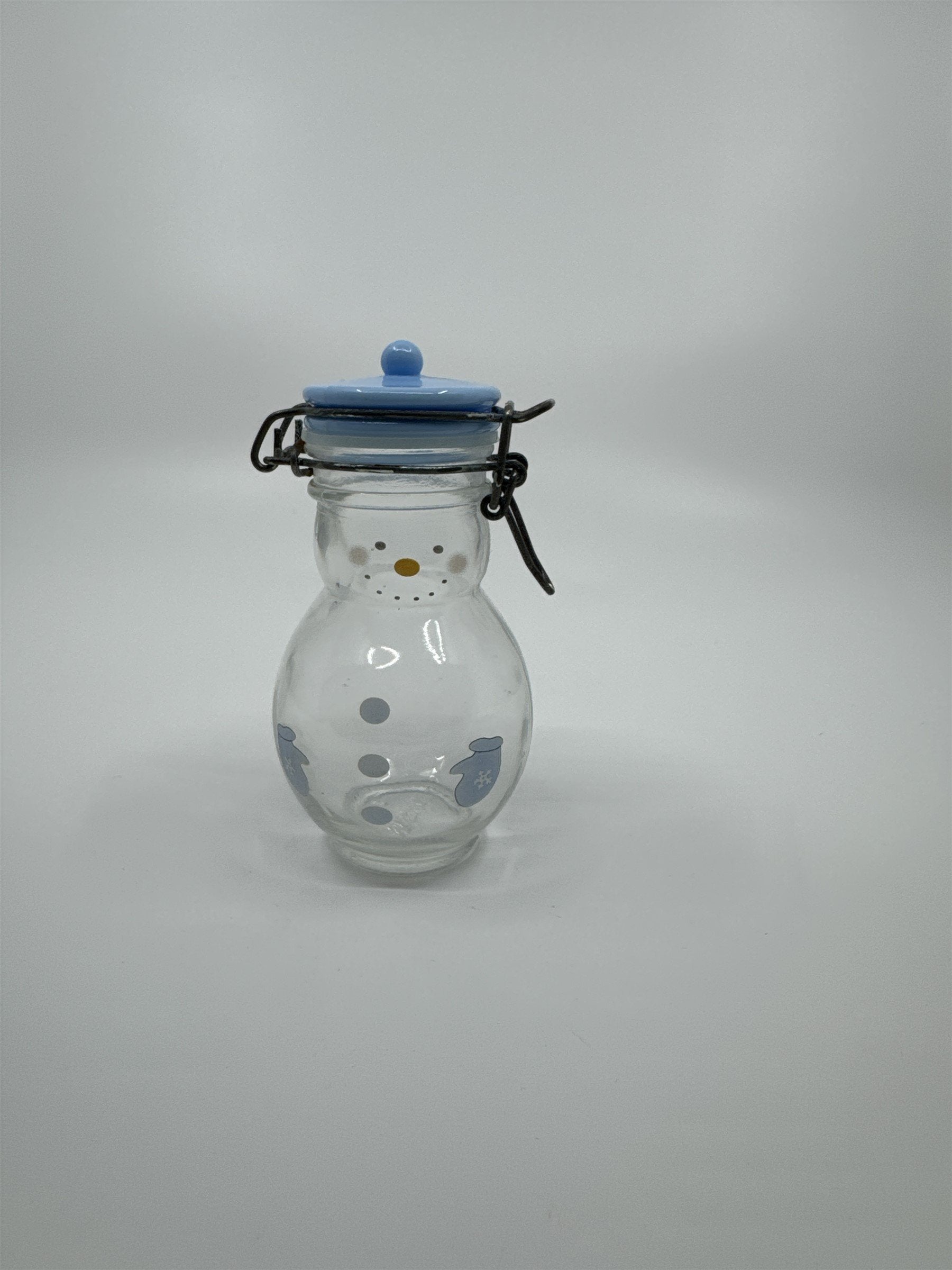 Hand Painted Glass Snowman Jar Bottle Bail Closure Lid Blue /w Mittens 5" MSRF