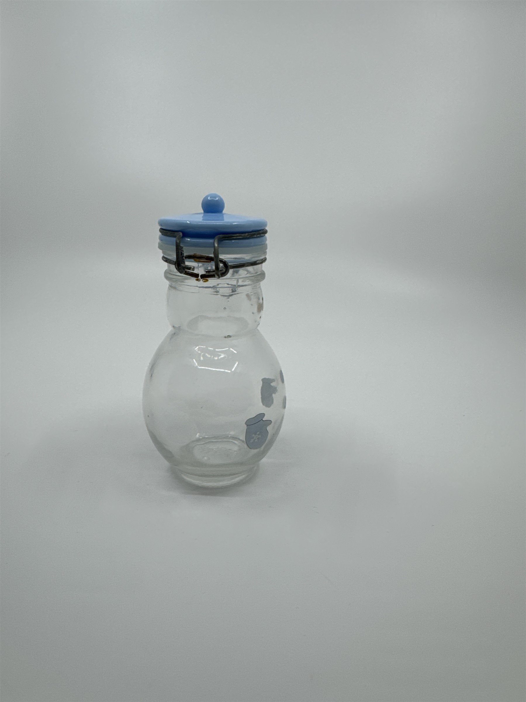 Hand Painted Glass Snowman Jar Bottle Bail Closure Lid Blue /w Mittens 5" MSRF