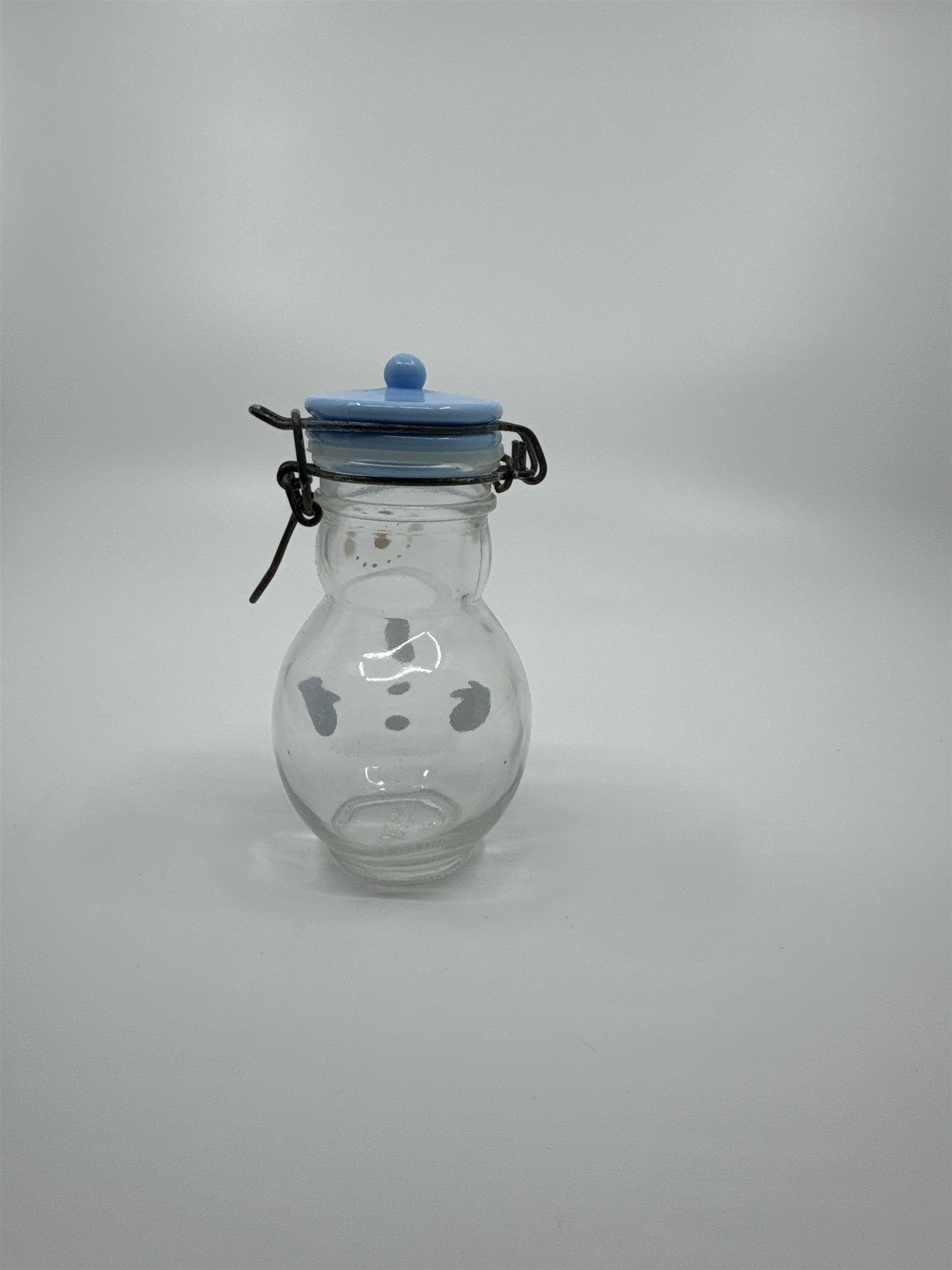 Hand Painted Glass Snowman Jar Bottle Bail Closure Lid Blue /w Mittens 5" MSRF
