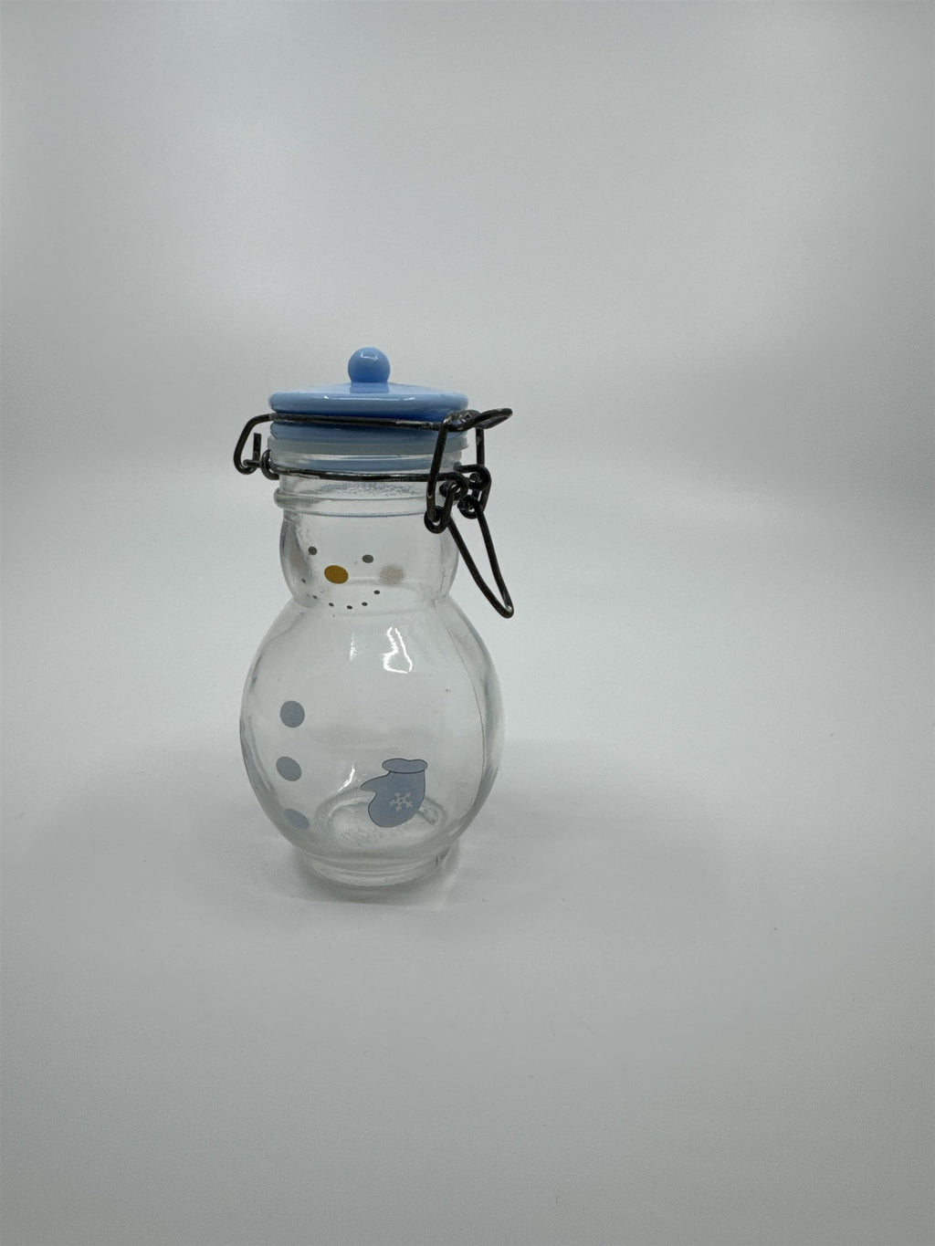 Hand Painted Glass Snowman Jar Bottle Bail Closure Lid Blue /w Mittens 5" MSRF