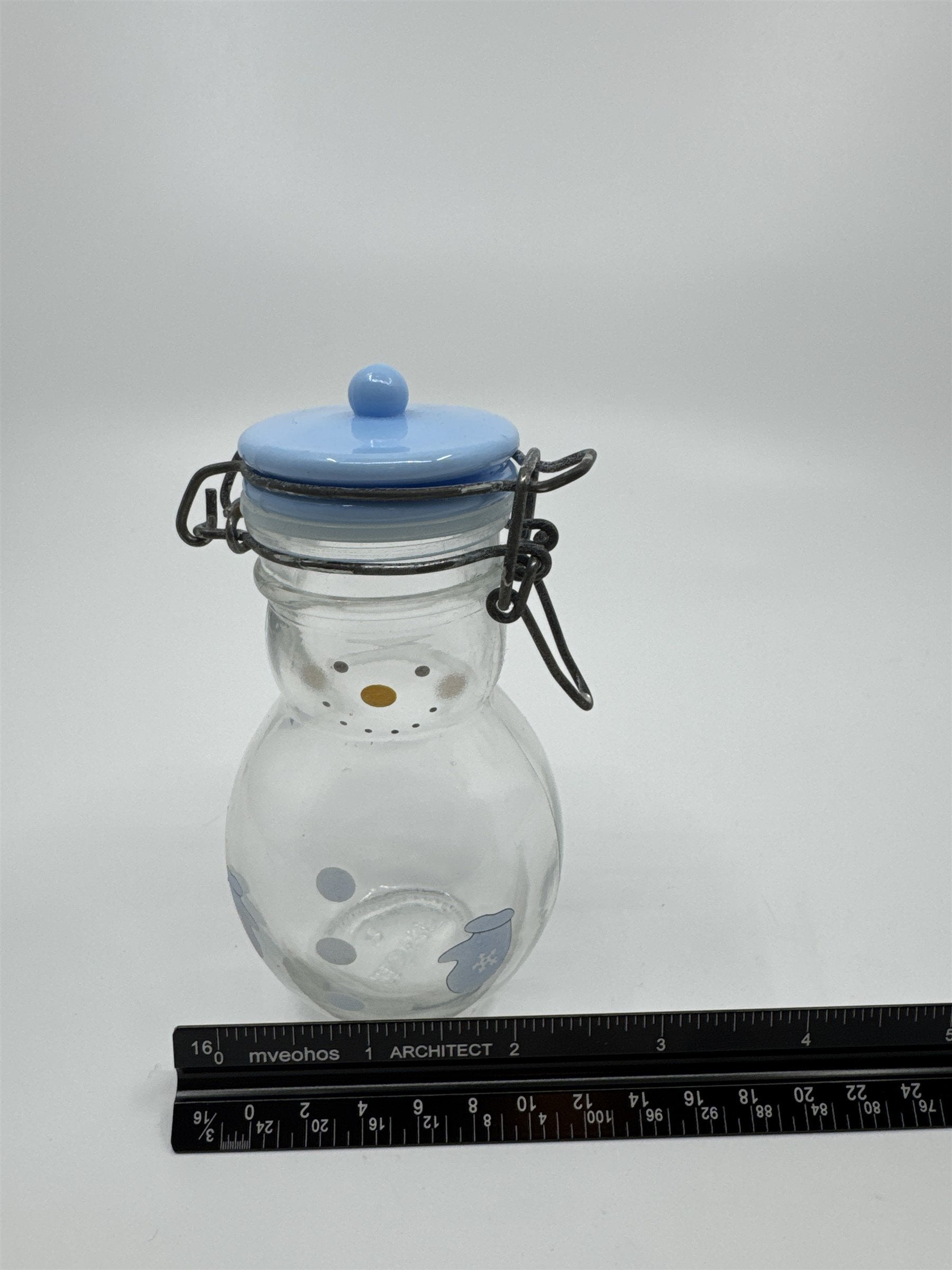 Hand Painted Glass Snowman Jar Bottle Bail Closure Lid Blue /w Mittens 5" MSRF