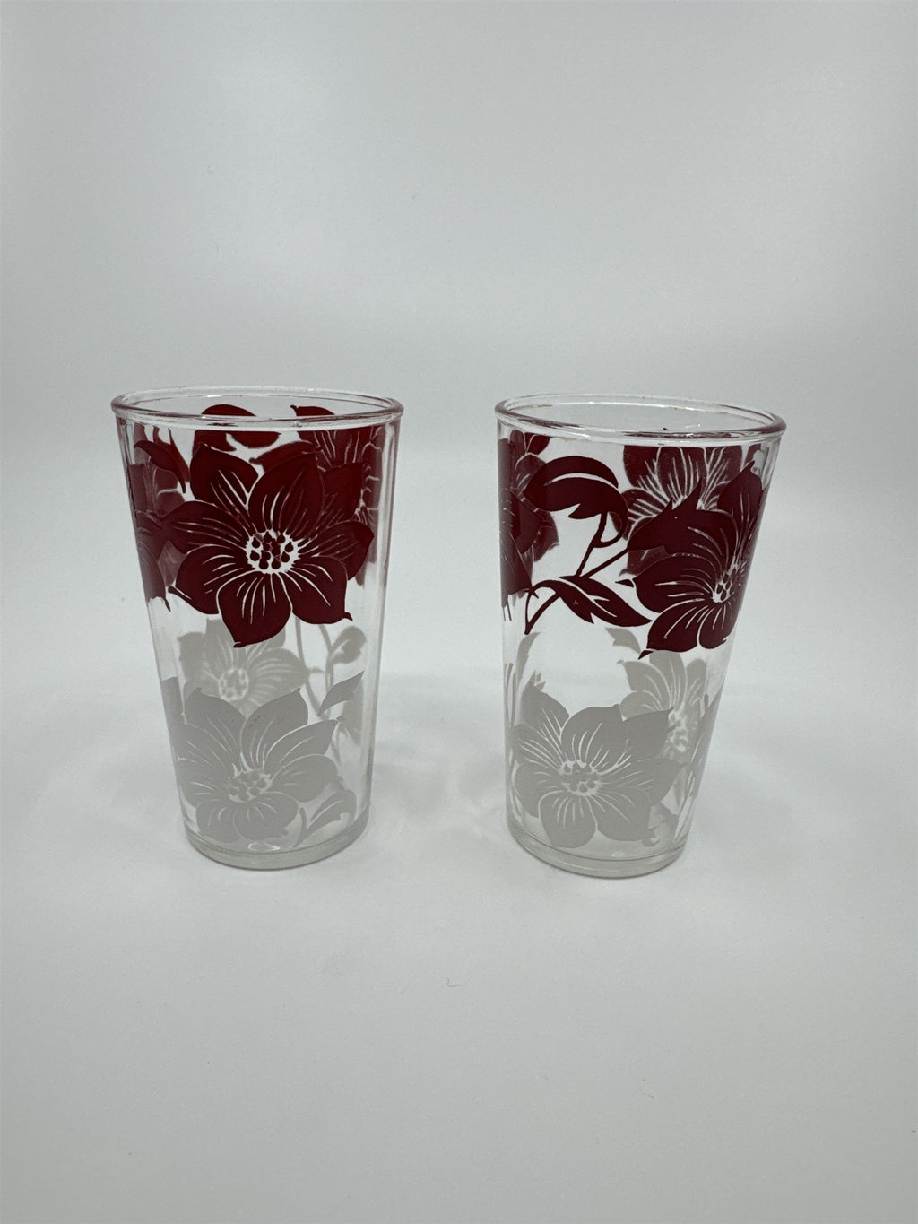 Set of 2 Vintage Hazel Atlas Red/White Hawaiian Hibiscus Swanky Swigs Glasses