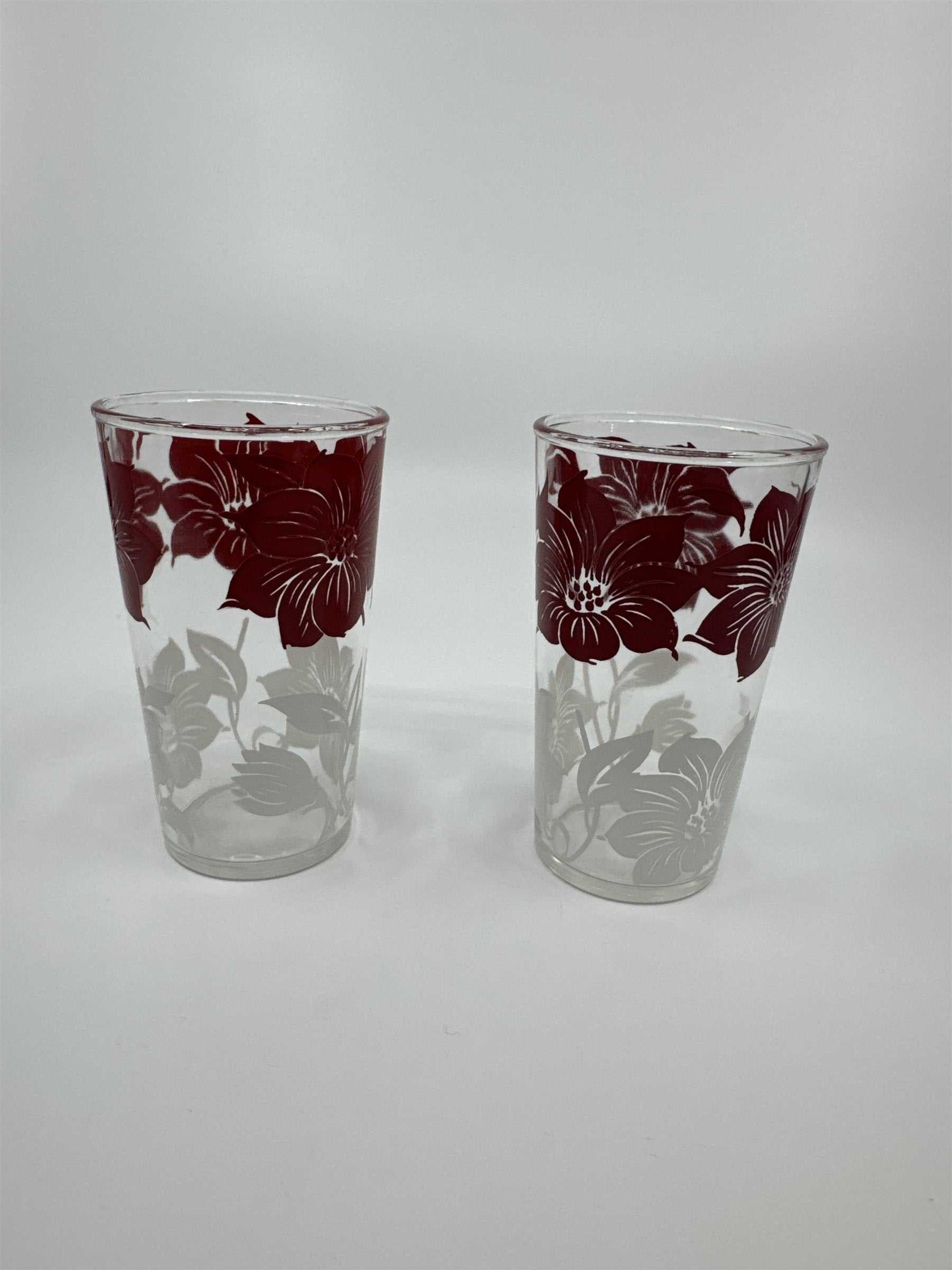 Set of 2 Vintage Hazel Atlas Red/White Hawaiian Hibiscus Swanky Swigs Glasses