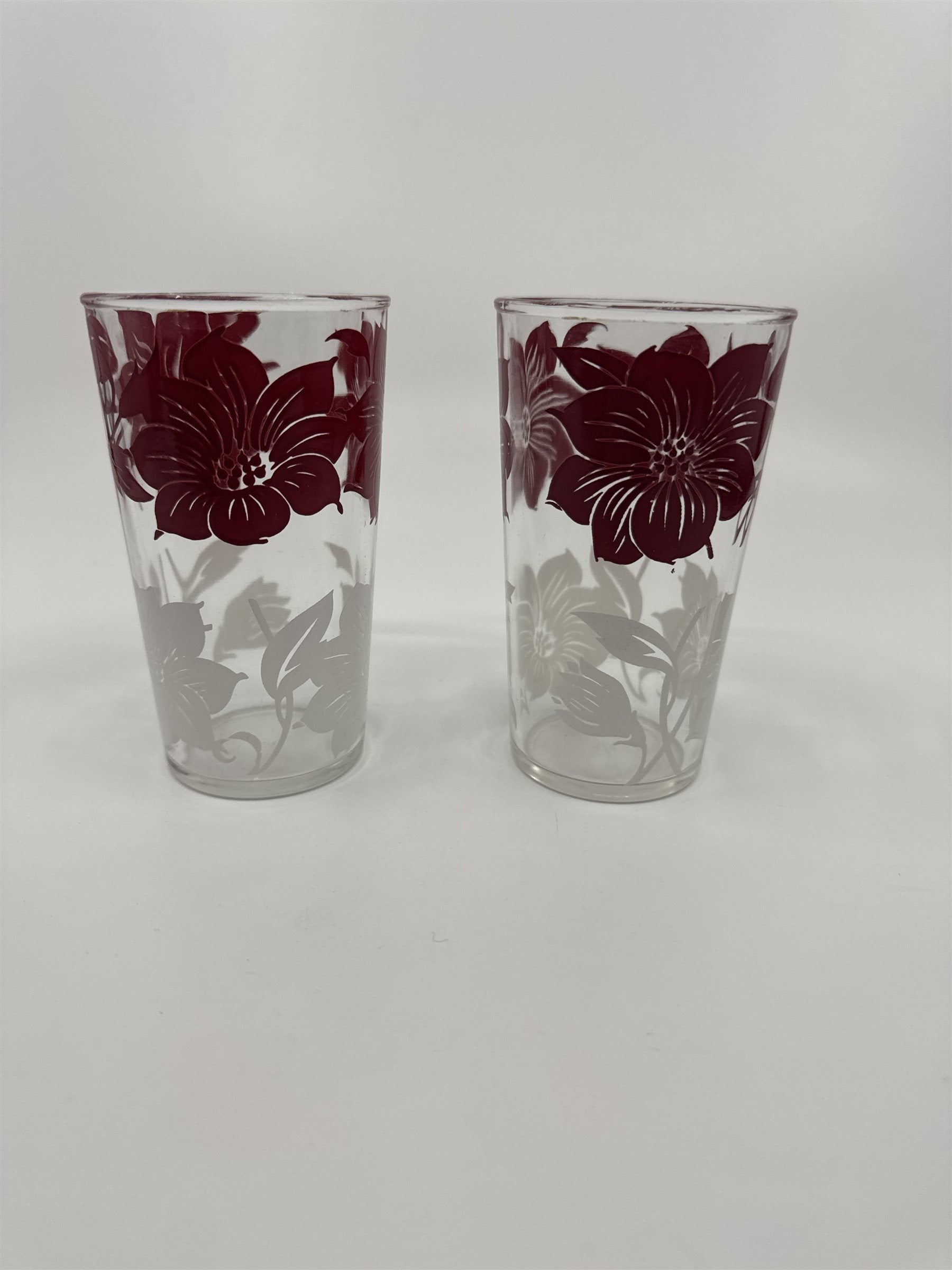 Set of 2 Vintage Hazel Atlas Red/White Hawaiian Hibiscus Swanky Swigs Glasses