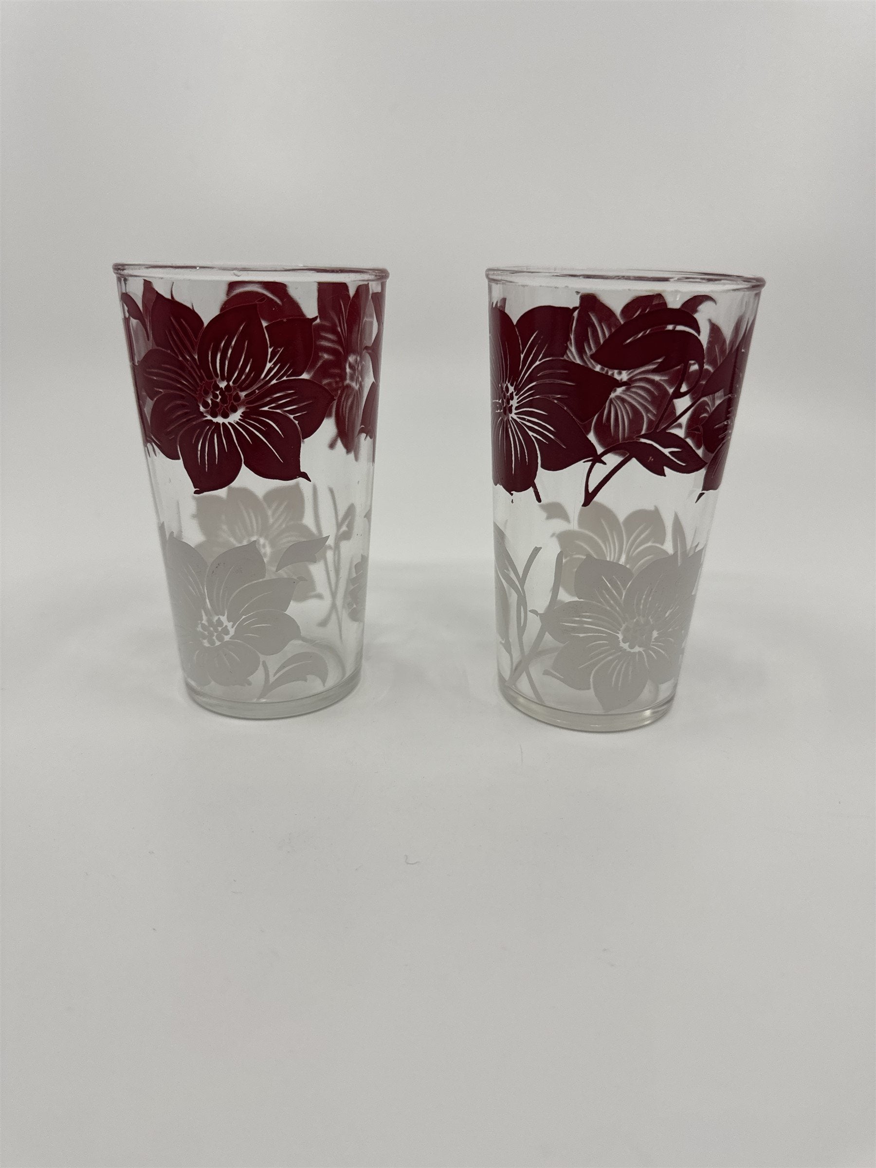 Set of 2 Vintage Hazel Atlas Red/White Hawaiian Hibiscus Swanky Swigs Glasses