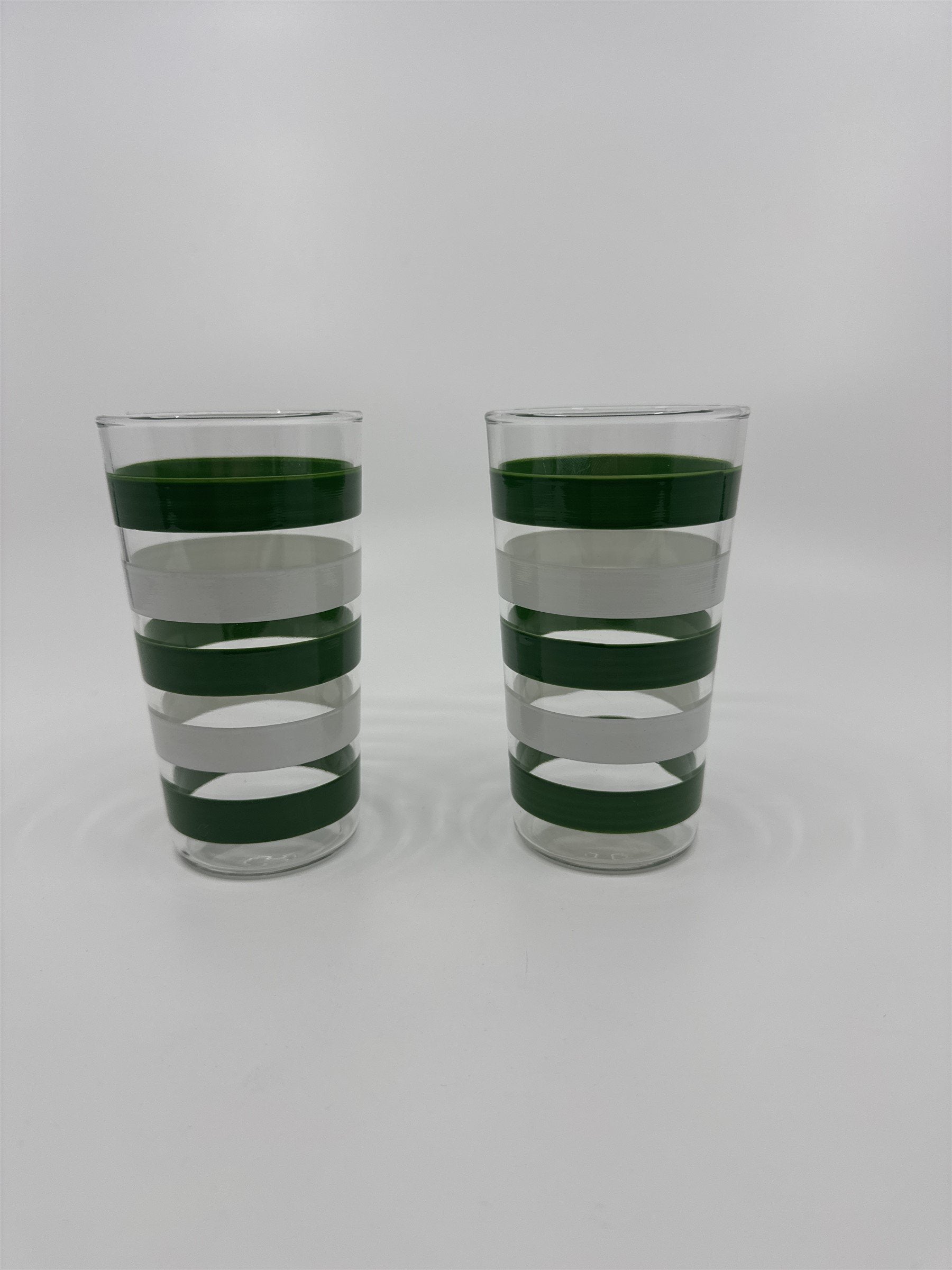 Set of 2 Vintage Anchor Hocking Green and White Striped Swanky Swigs Glasses