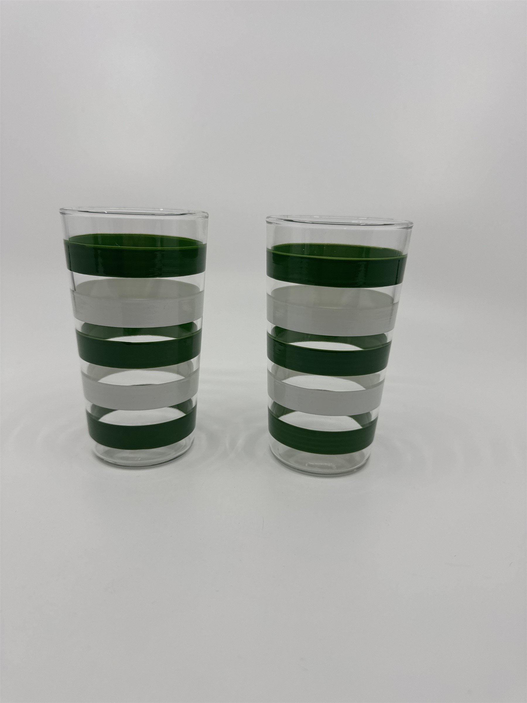 Set of 2 Vintage Anchor Hocking Green and White Striped Swanky Swigs Glasses