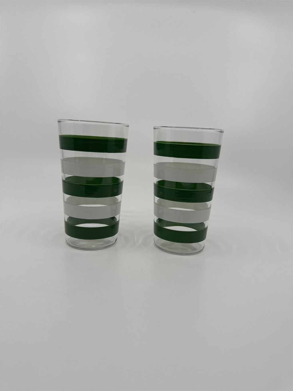 Set of 2 Vintage Anchor Hocking Green and White Striped Swanky Swigs Glasses