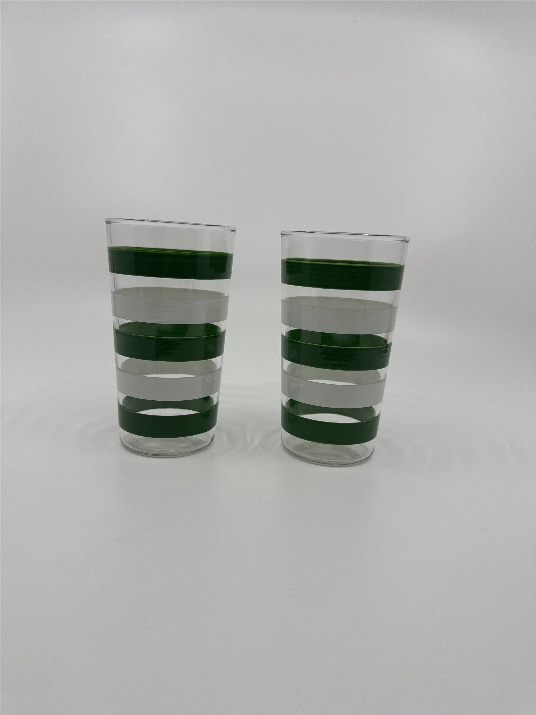 Set of 2 Vintage Anchor Hocking Green and White Striped Swanky Swigs Glasses