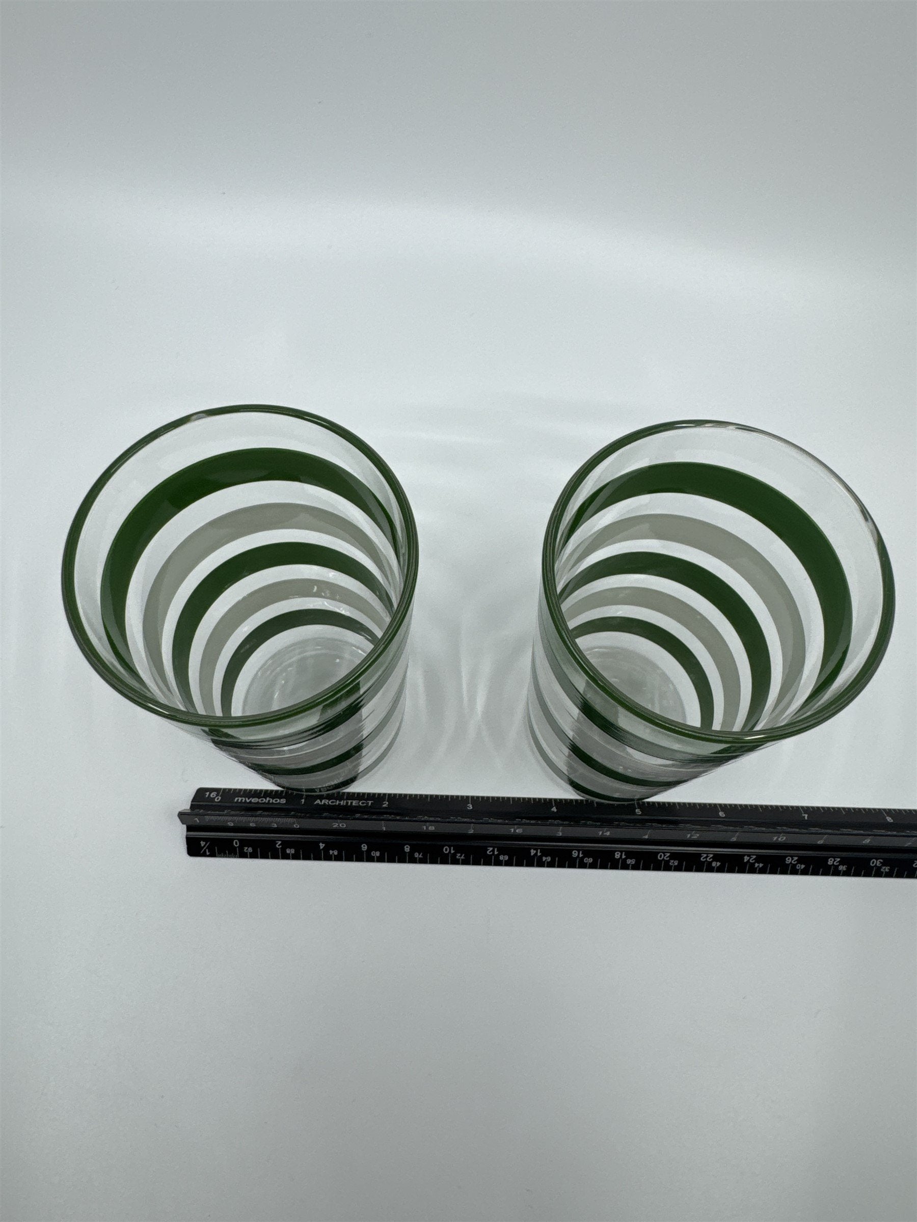 Set of 2 Vintage Anchor Hocking Green and White Striped Swanky Swigs Glasses