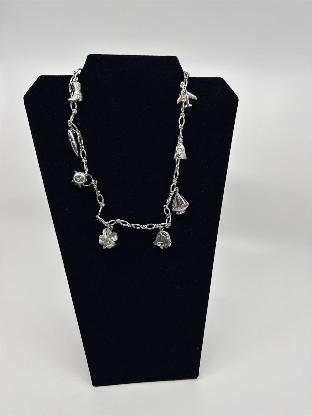 Vintage 1970s/1980s Plastic Bell Charm Necklace Silver Tone Plastic Kid Necklace