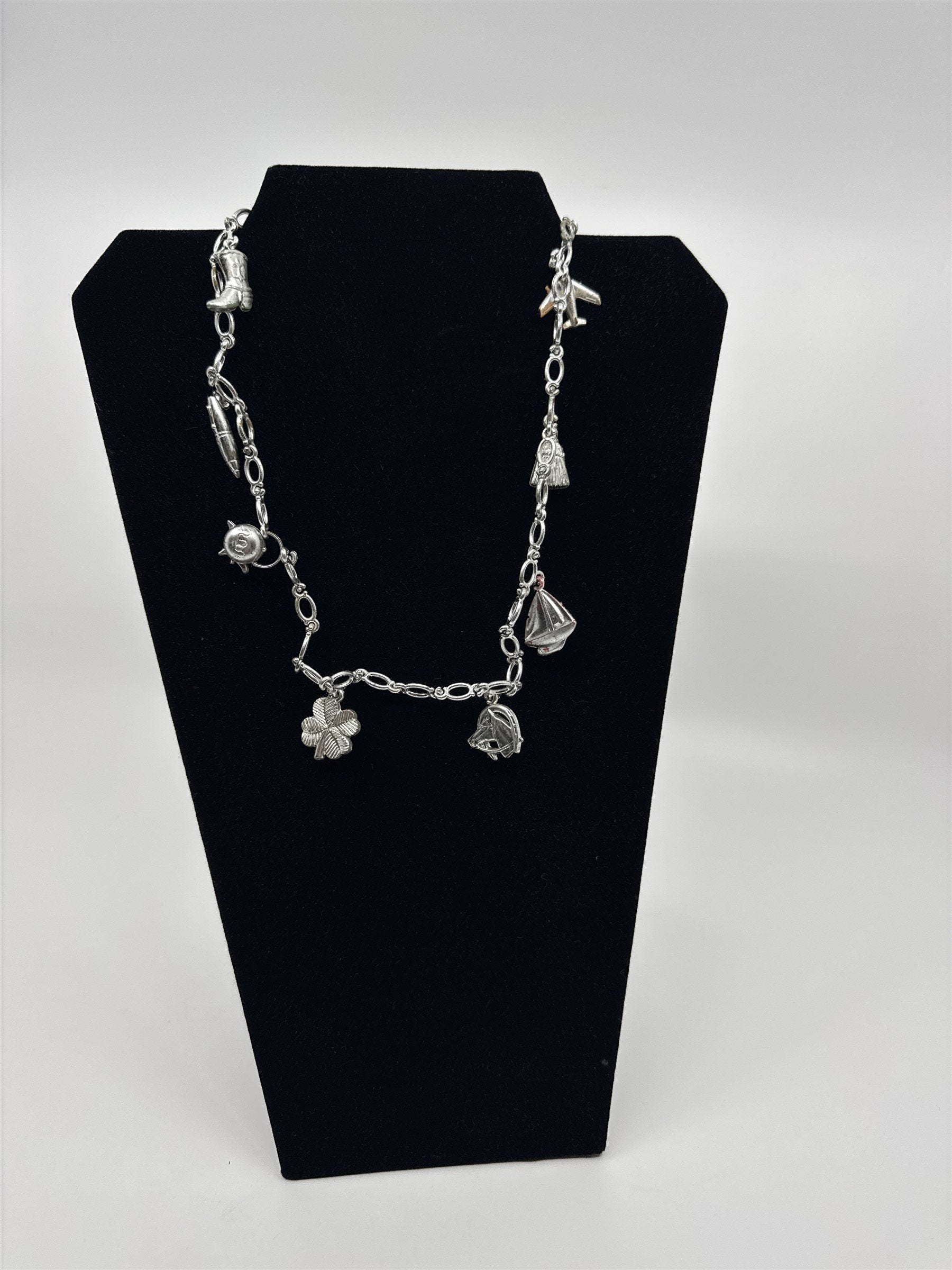 Vintage 1970s/1980s Plastic Bell Charm Necklace Silver Tone Plastic Kid Necklace
