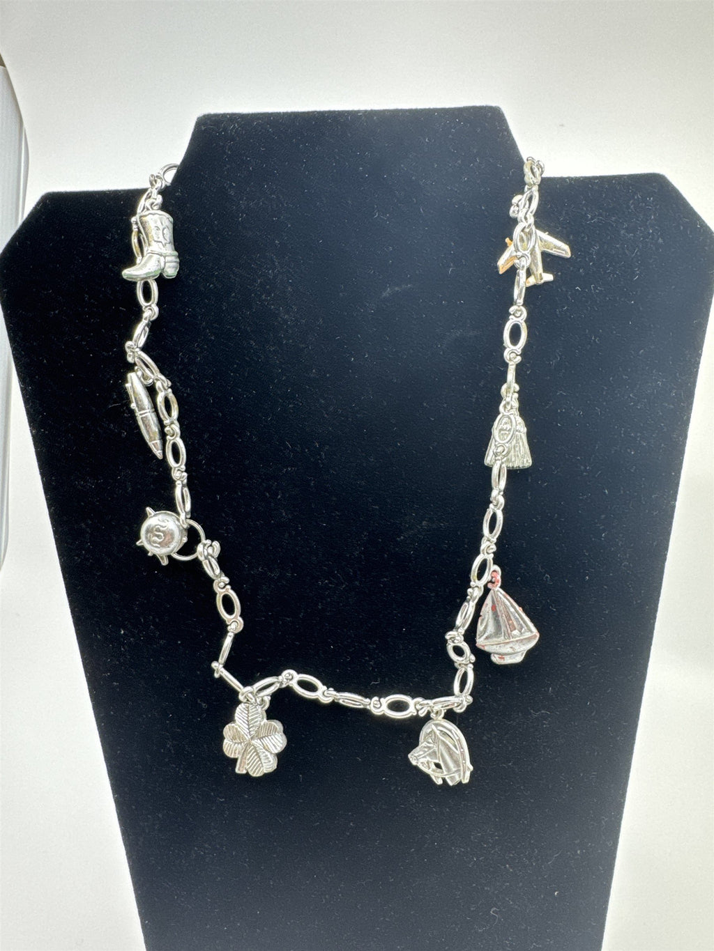 Vintage 1970s/1980s Plastic Bell Charm Necklace Silver Tone Plastic Kid Necklace