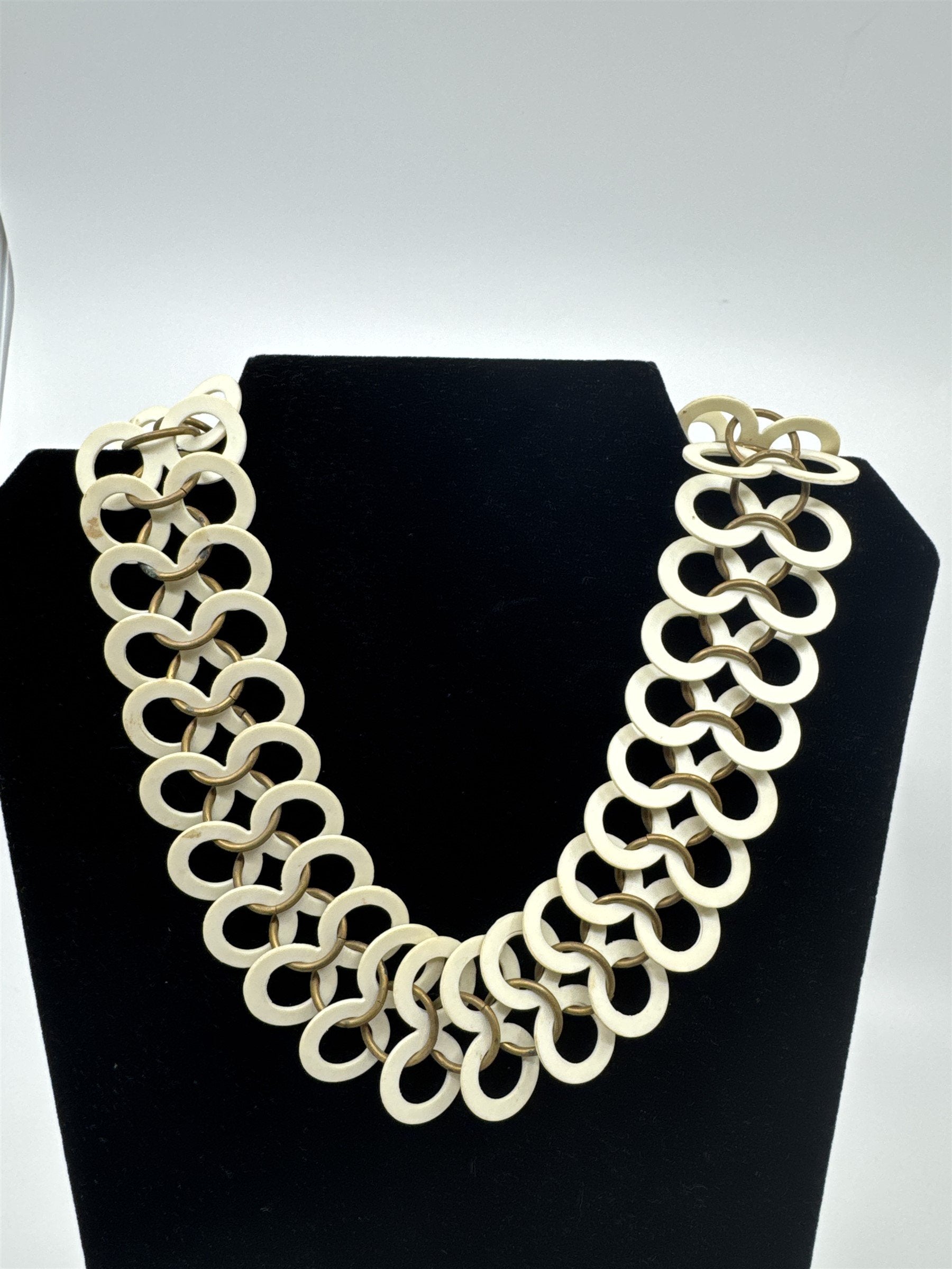 Vintage Tribal Necklace /w White Plastic Resin Disks Circles Choker Stylish