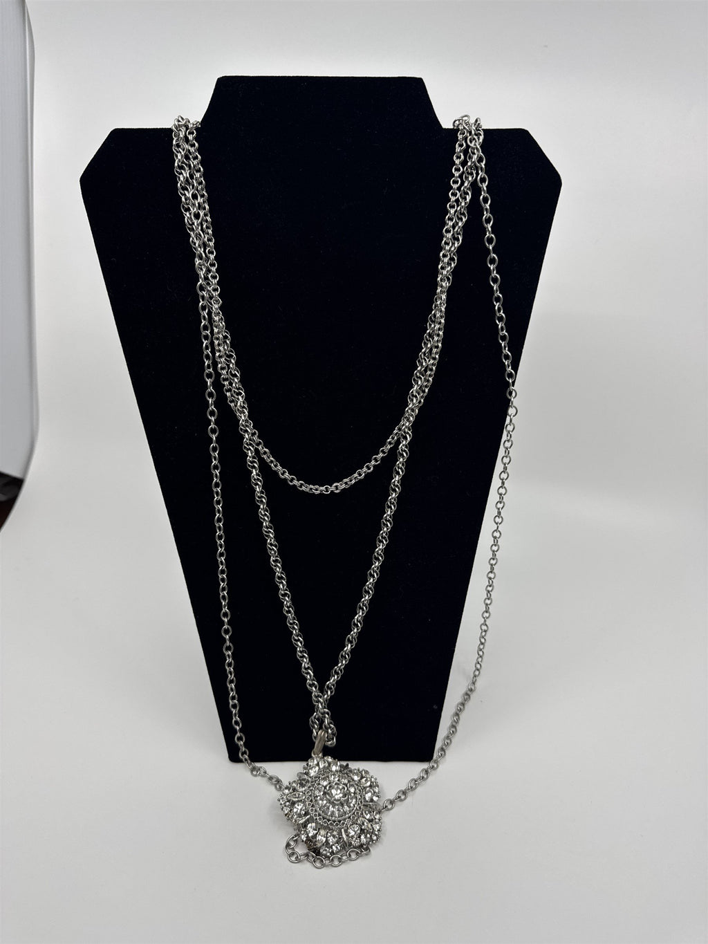 Vintage Extra-Long Multi-Chain Necklace /w Rhinestone Flower (Missing 2 Stones)