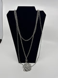 Vintage Extra-Long Multi-Chain Necklace /w Rhinestone Flower (Missing 2 Stones)