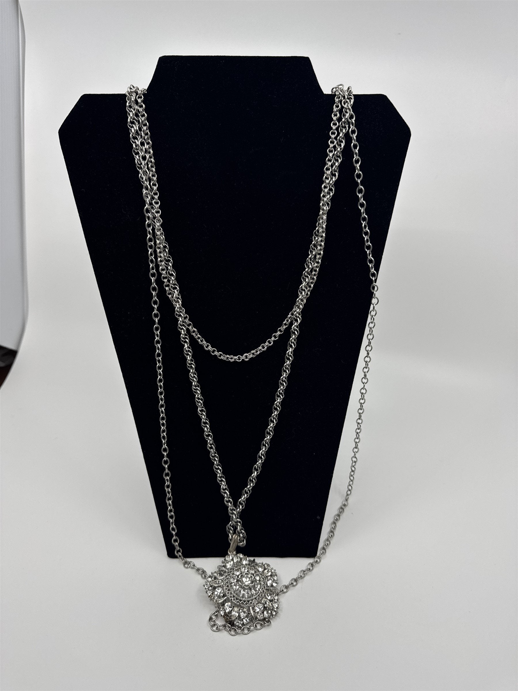 Vintage Extra-Long Multi-Chain Necklace /w Rhinestone Flower (Missing 2 Stones)