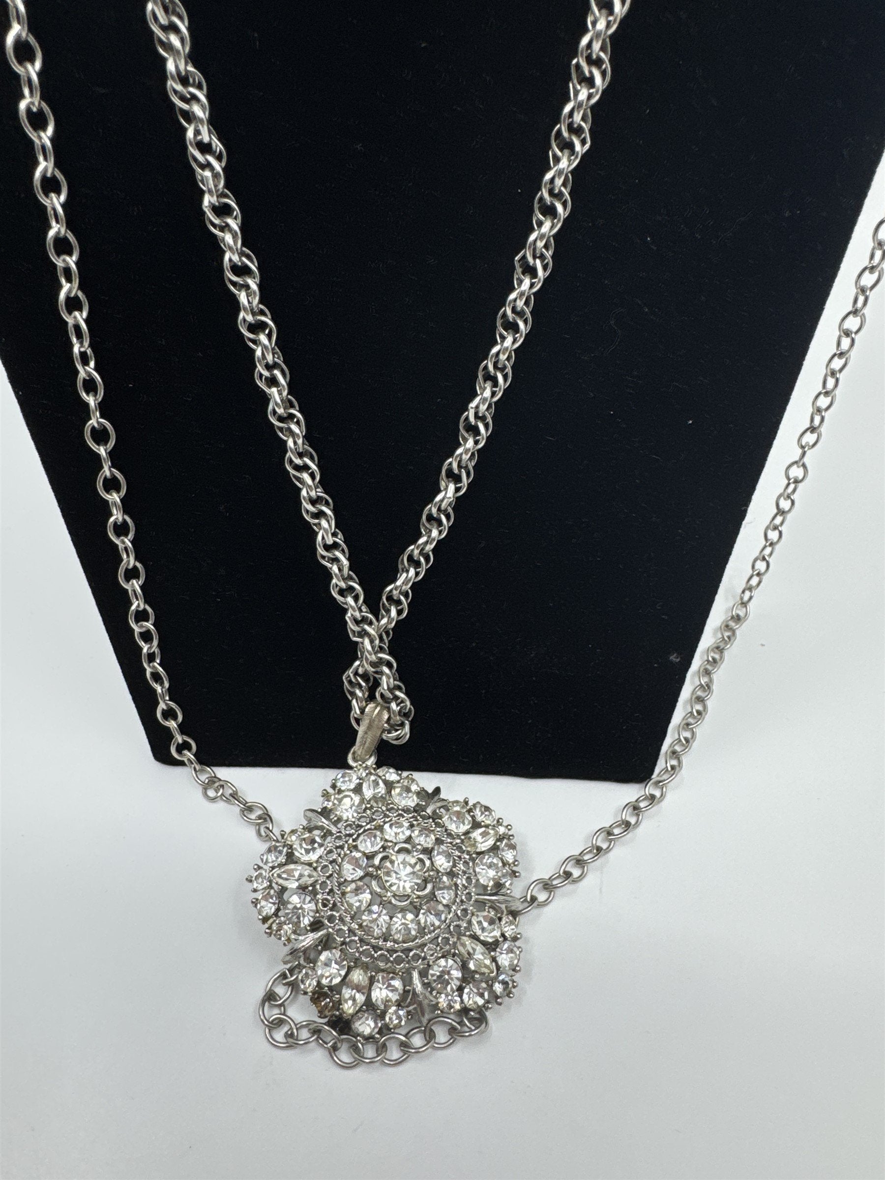 Vintage Extra-Long Multi-Chain Necklace /w Rhinestone Flower (Missing 2 Stones)