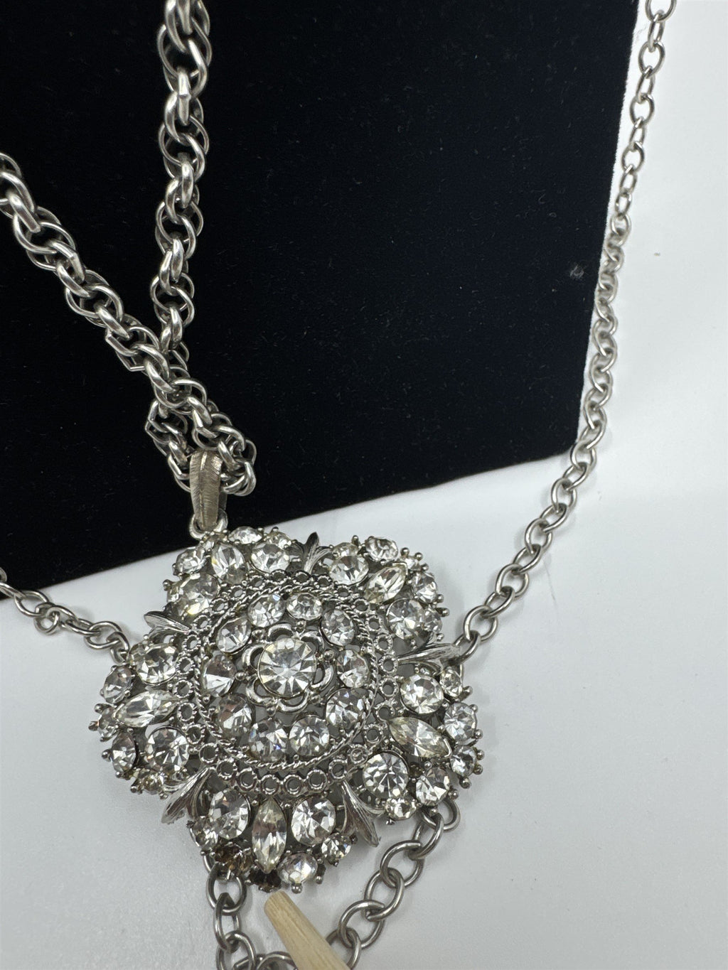 Vintage Extra-Long Multi-Chain Necklace /w Rhinestone Flower (Missing 2 Stones)