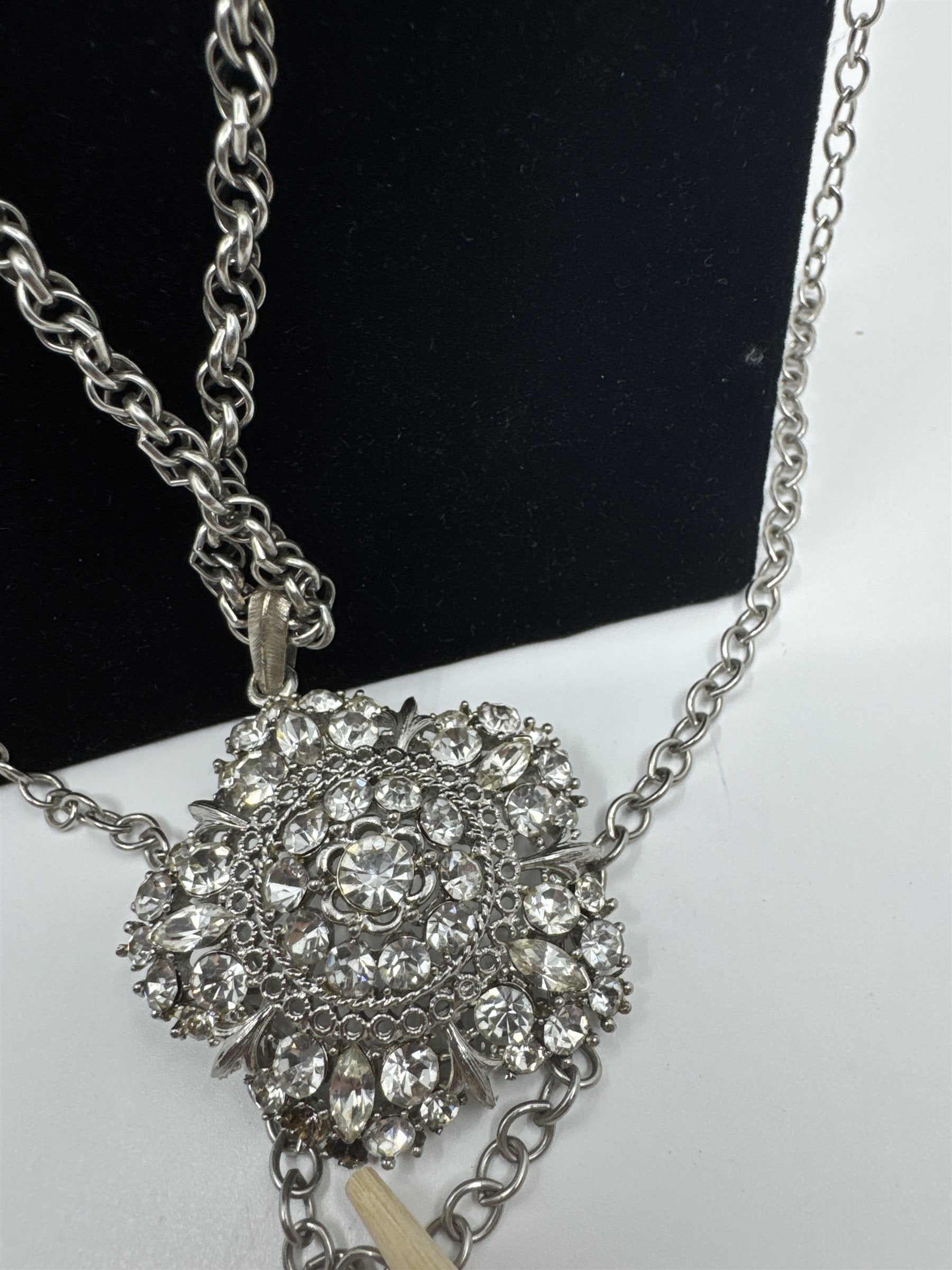 Vintage Extra-Long Multi-Chain Necklace /w Rhinestone Flower (Missing 2 Stones)
