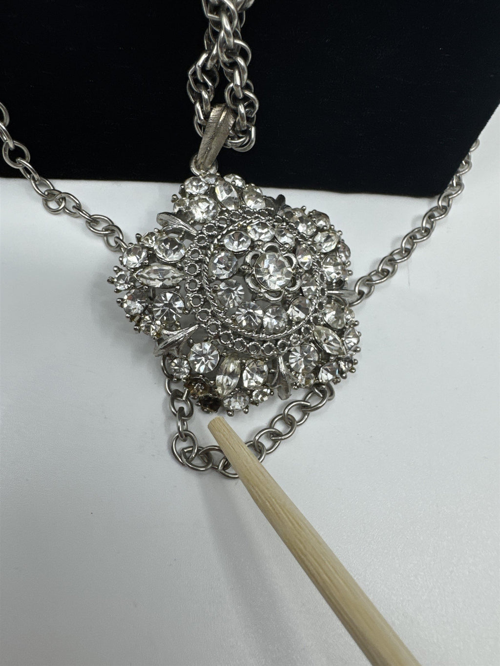 Vintage Extra-Long Multi-Chain Necklace /w Rhinestone Flower (Missing 2 Stones)