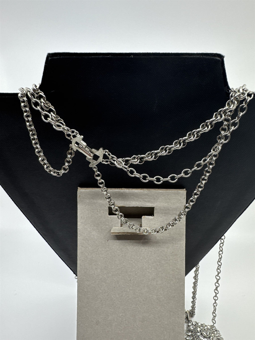 Vintage Extra-Long Multi-Chain Necklace /w Rhinestone Flower (Missing 2 Stones)