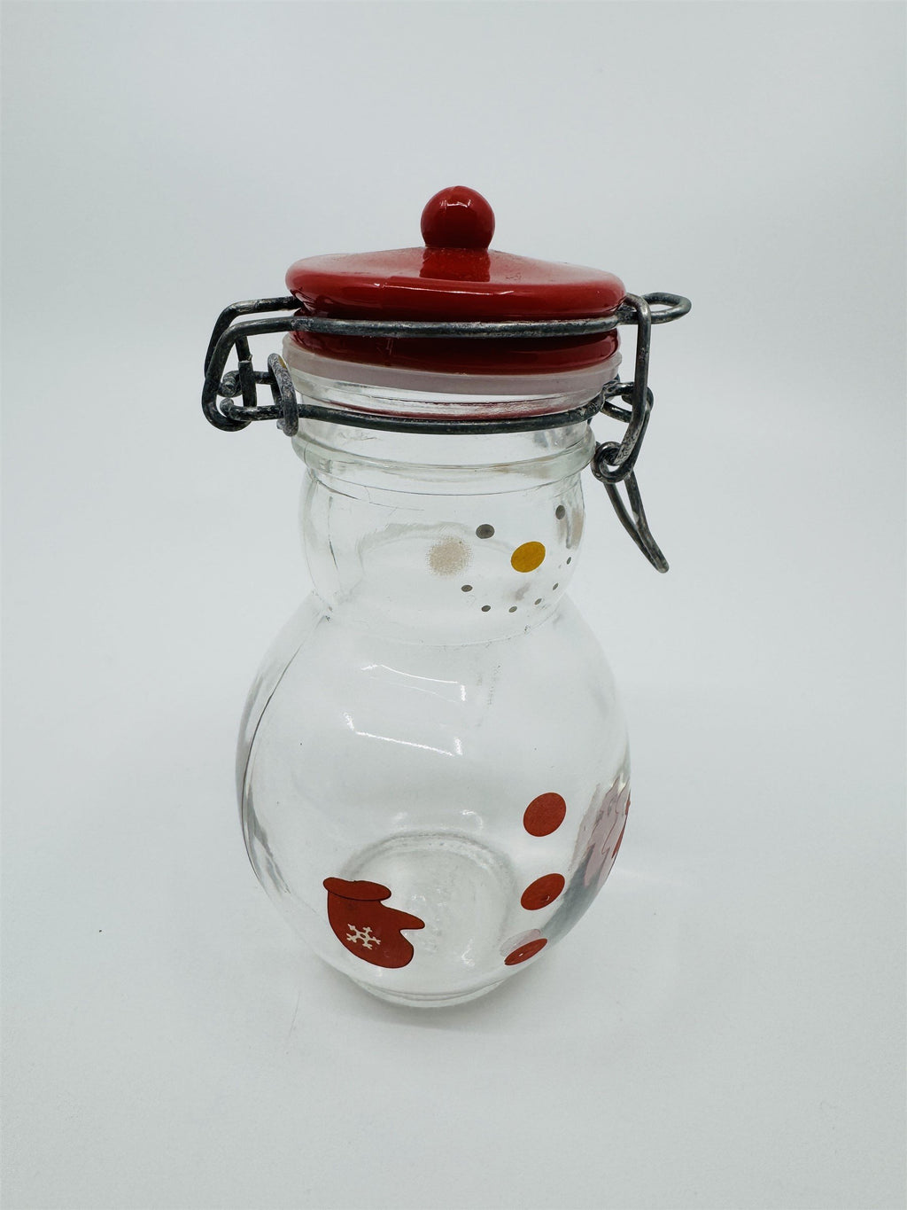 Hand Painted Glass Snowman Jar Bottle Bail Closure Lid Red /w Mittens 5" MSRF