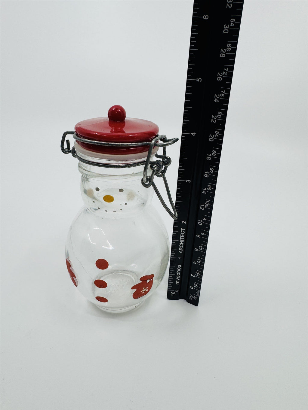 Hand Painted Glass Snowman Jar Bottle Bail Closure Lid Red /w Mittens 5" MSRF