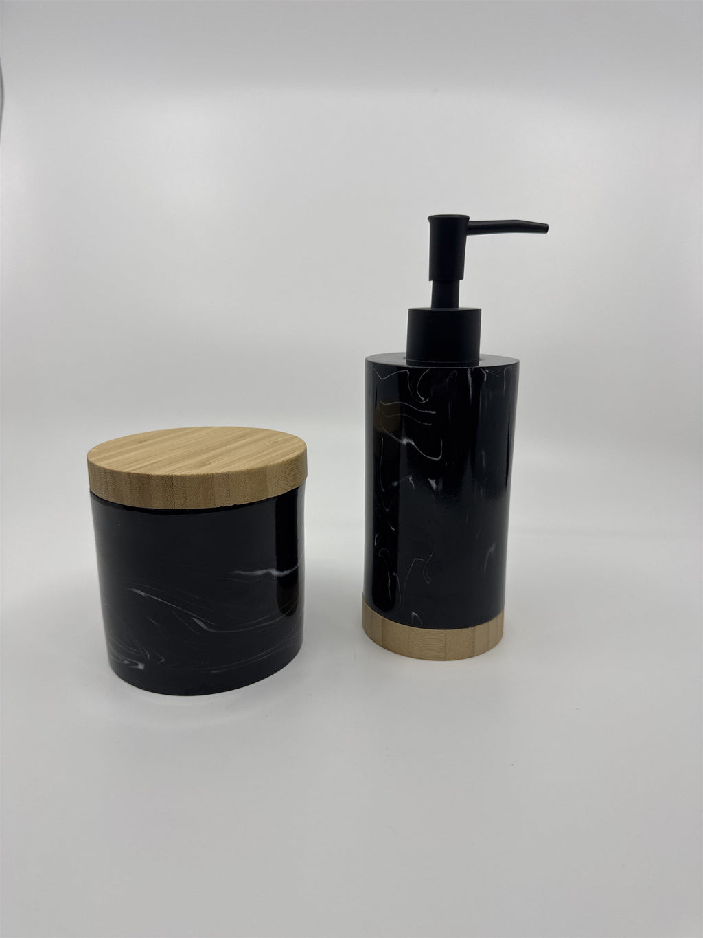 Faux Marble Black Liquid Hand Soap and Cotton Ball or Q Tip Holder Set