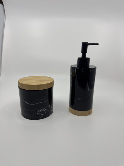 Faux Marble Black Liquid Hand Soap and Cotton Ball or Q Tip Holder Set