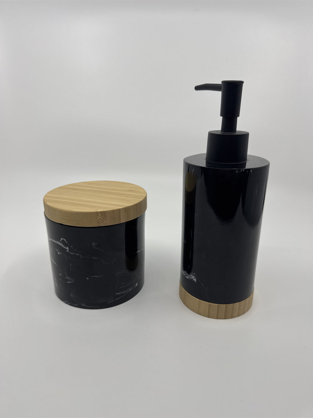 Faux Marble Black Liquid Hand Soap and Cotton Ball or Q Tip Holder Set