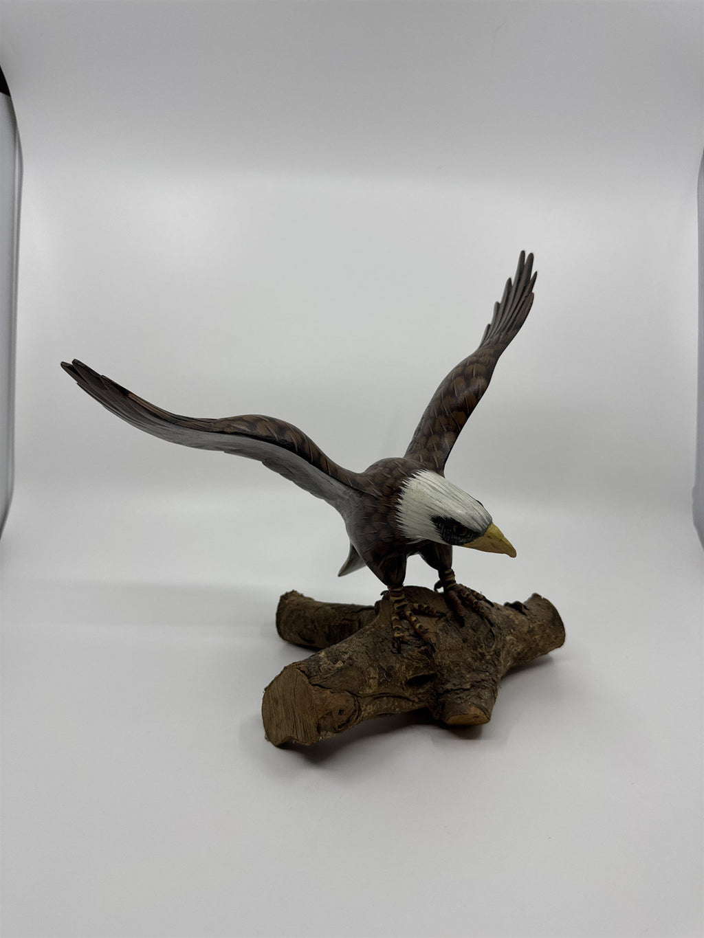 Hand Painted Wooden American Bald Eagle Figurine Statue on Real Wood Base EUC