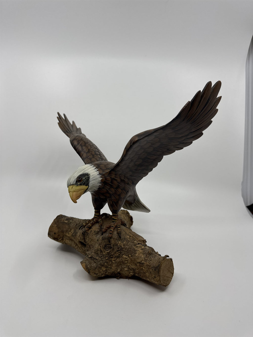 Hand Painted Wooden American Bald Eagle Figurine Statue on Real Wood Base EUC