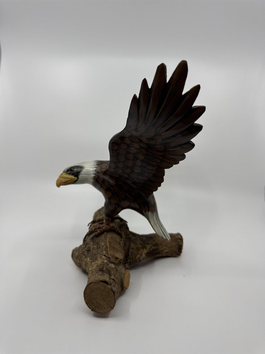 Hand Painted Wooden American Bald Eagle Figurine Statue on Real Wood Base EUC