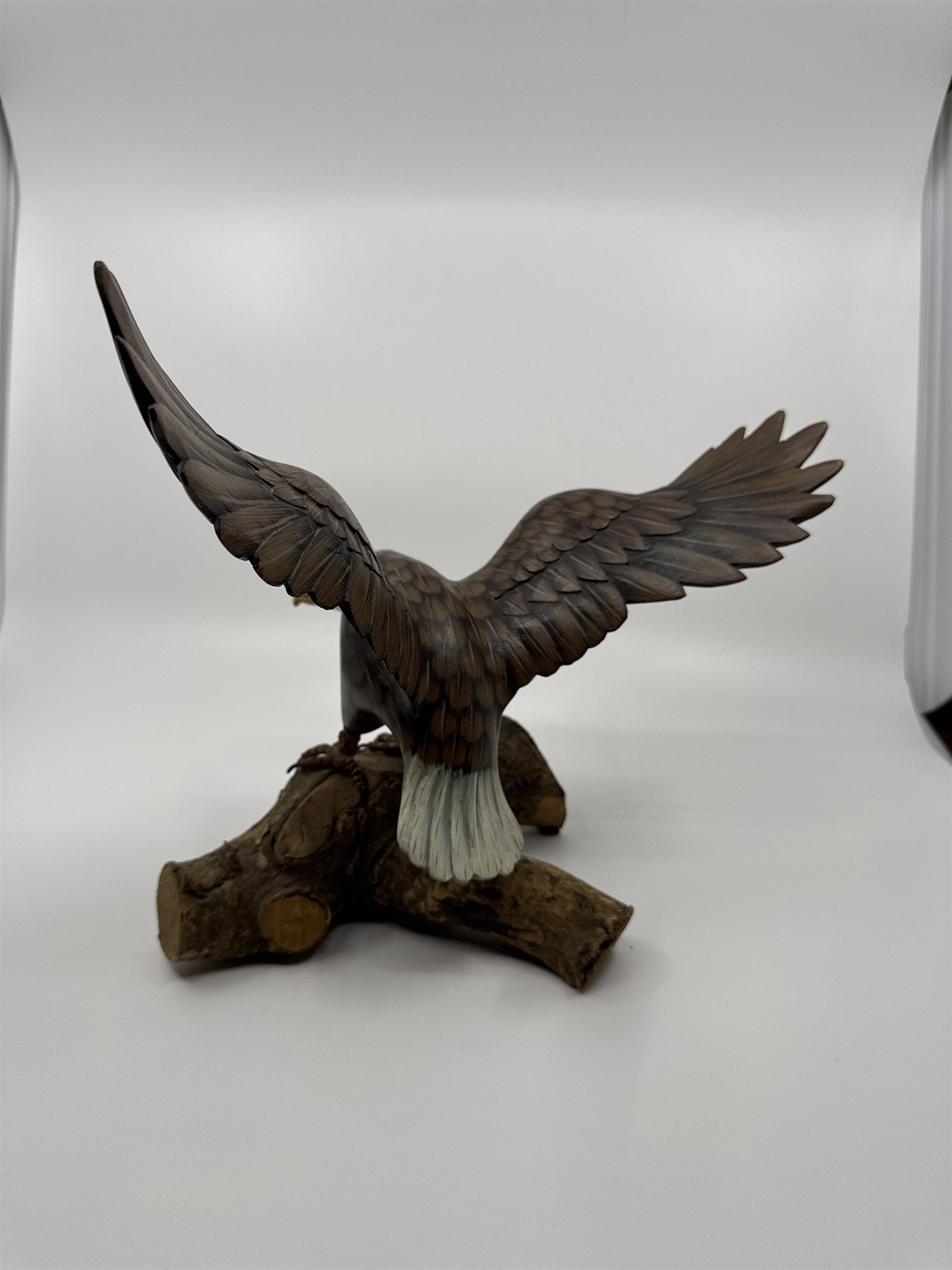 Hand Painted Wooden American Bald Eagle Figurine Statue on Real Wood Base EUC