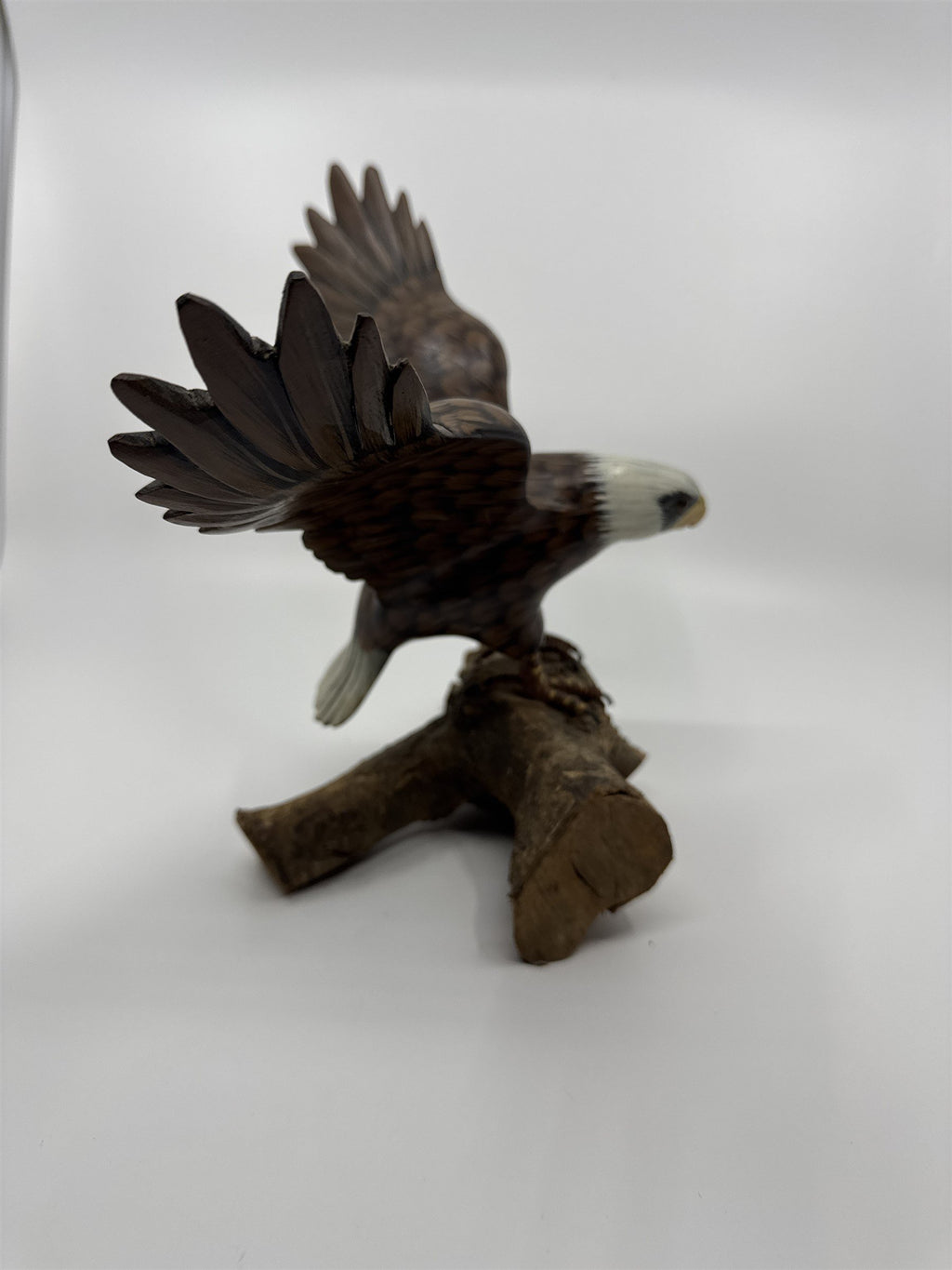 Hand Painted Wooden American Bald Eagle Figurine Statue on Real Wood Base EUC