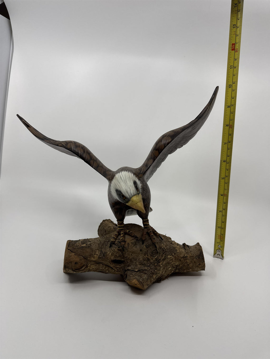 Hand Painted Wooden American Bald Eagle Figurine Statue on Real Wood Base EUC