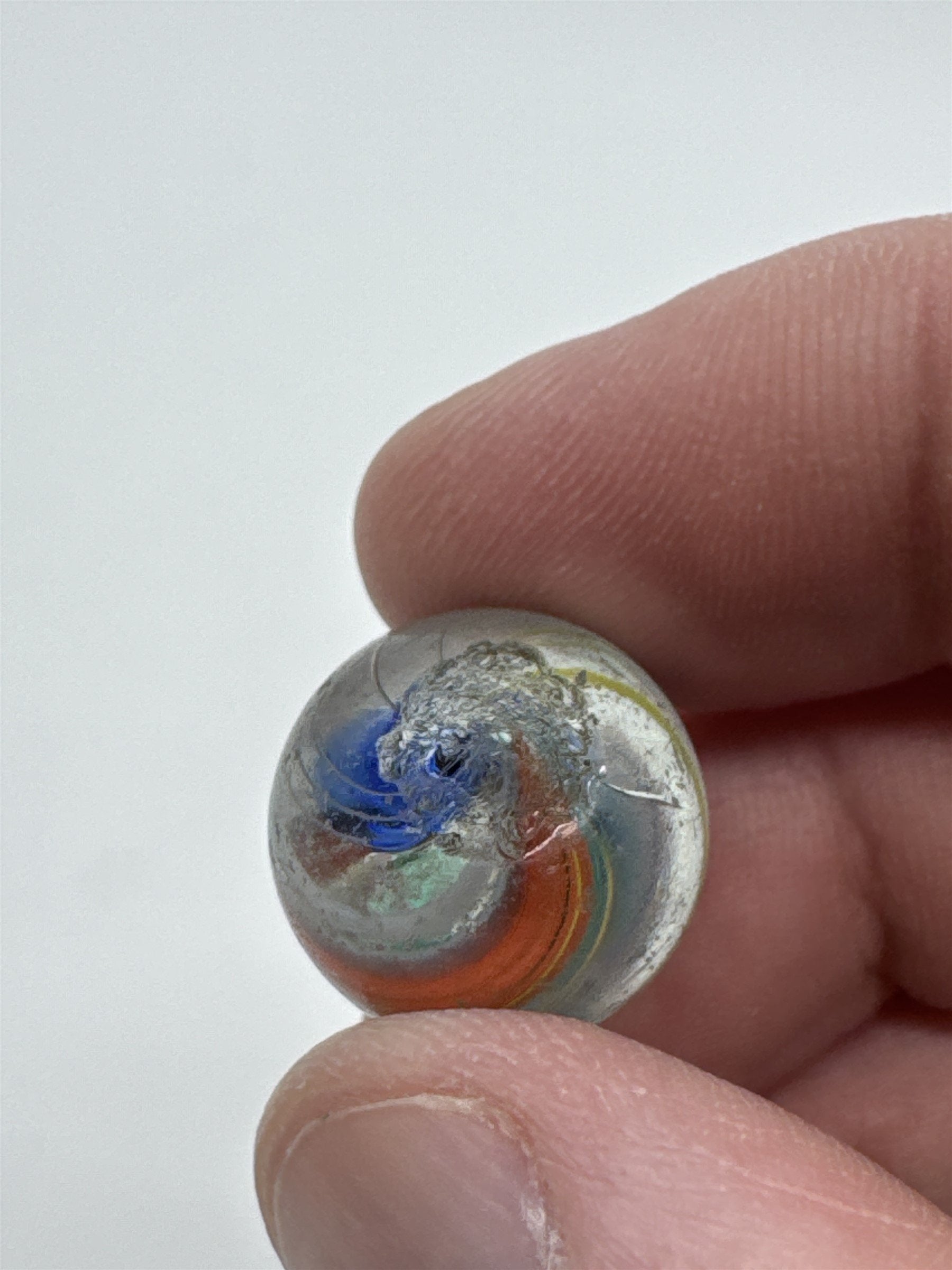 Vintage 1920s Handmade Divided Core Swirled Glass Marble (Played /w Chips)