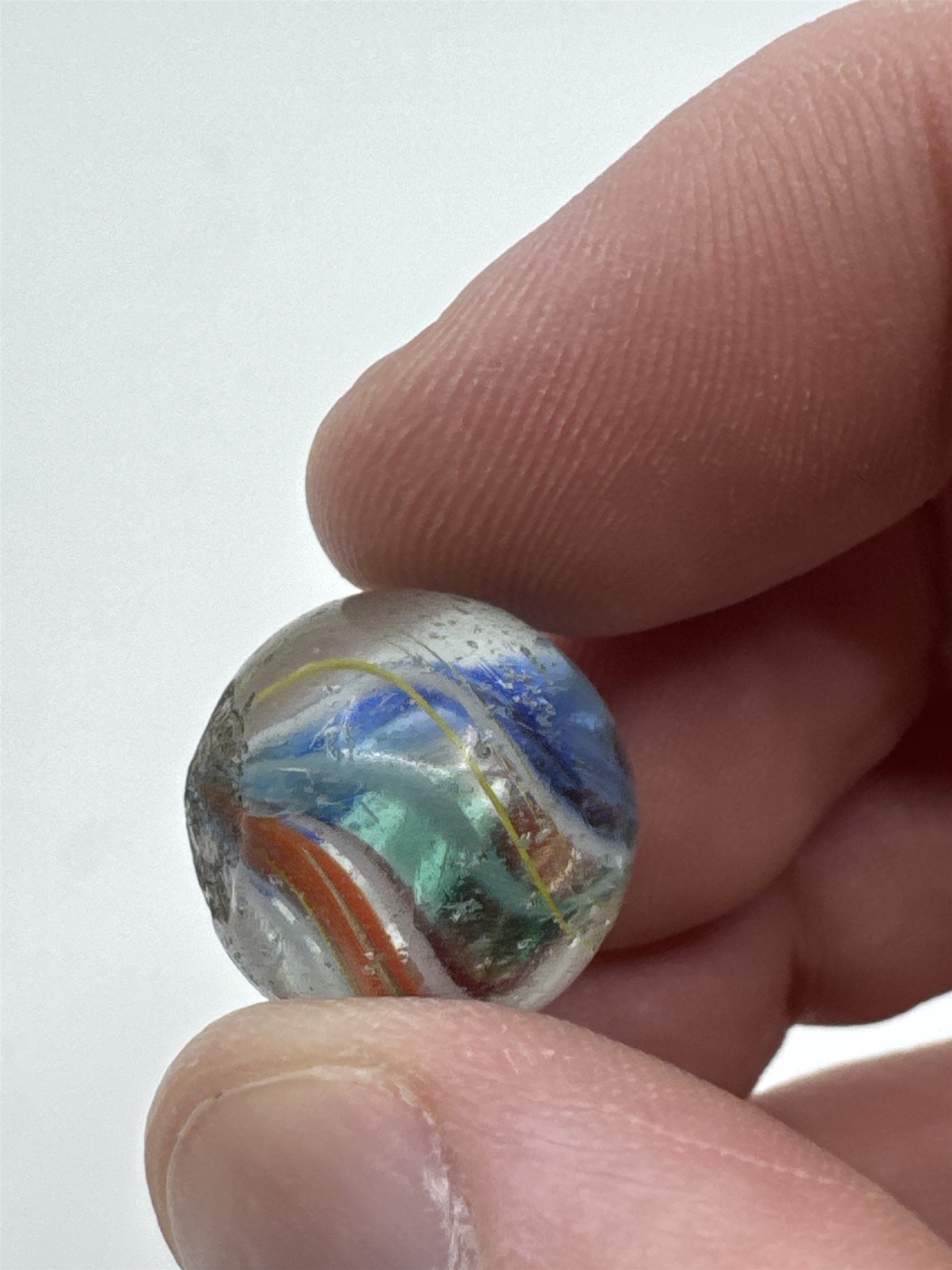Vintage 1920s Handmade Divided Core Swirled Glass Marble (Played /w Chips)