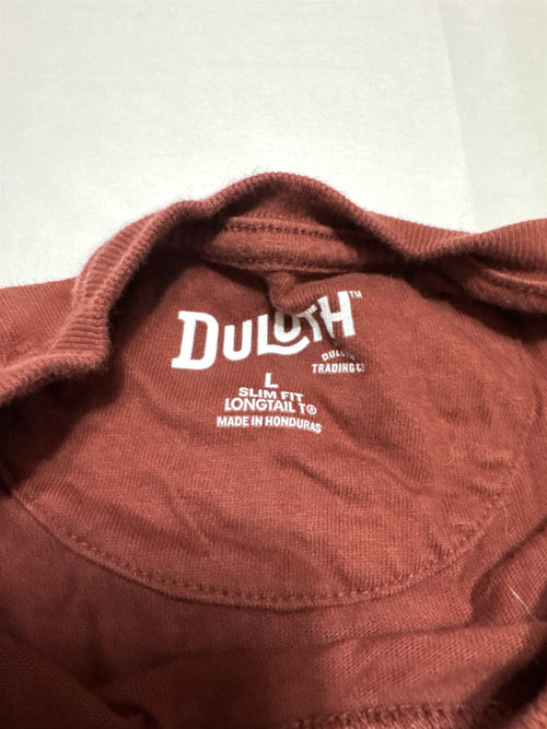 Duluth Trading Co Mens Longtail Long-Sleeve T-Shirt Dark Cocoa Large Slim *HOLE*