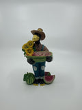 Resin Crow Scarecrow Figurine Holding a Watermelon Basket Sunflowers Straw Hat
