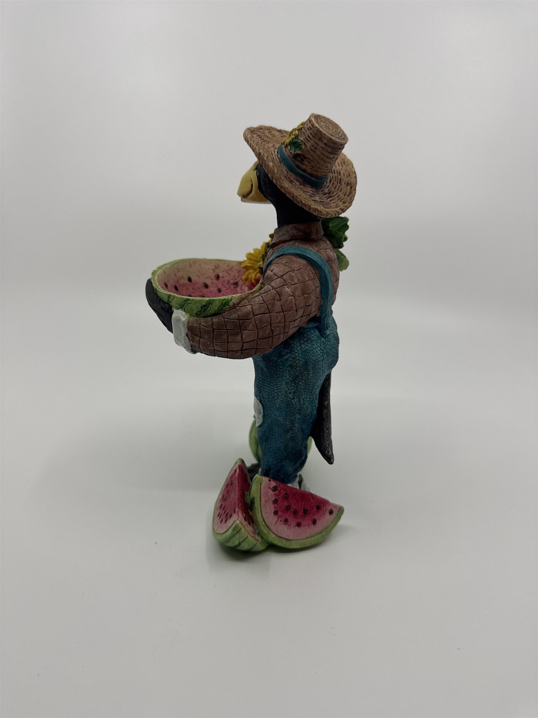 Resin Crow Scarecrow Figurine Holding a Watermelon Basket Sunflowers Straw Hat