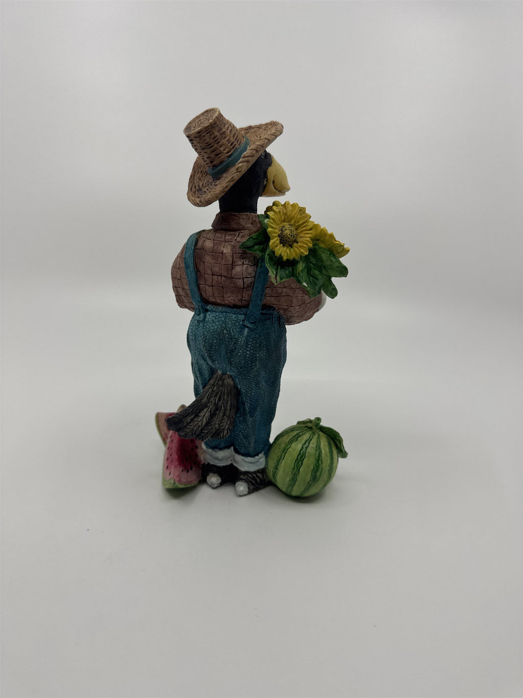 Resin Crow Scarecrow Figurine Holding a Watermelon Basket Sunflowers Straw Hat