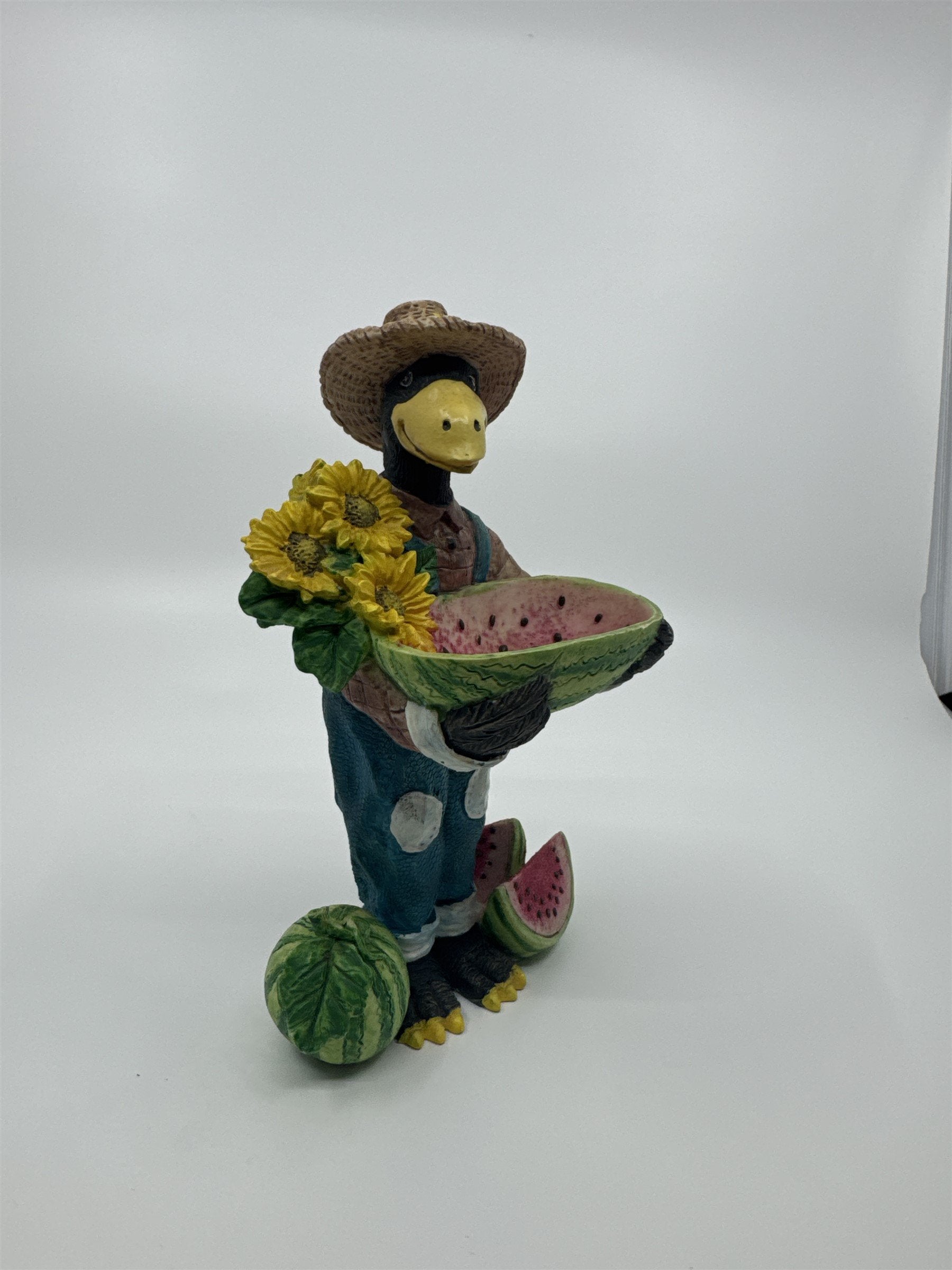 Resin Crow Scarecrow Figurine Holding a Watermelon Basket Sunflowers Straw Hat
