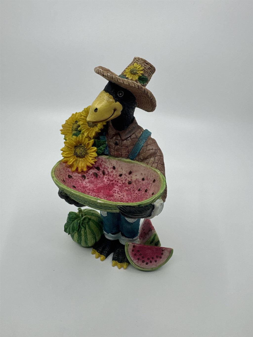 Resin Crow Scarecrow Figurine Holding a Watermelon Basket Sunflowers Straw Hat