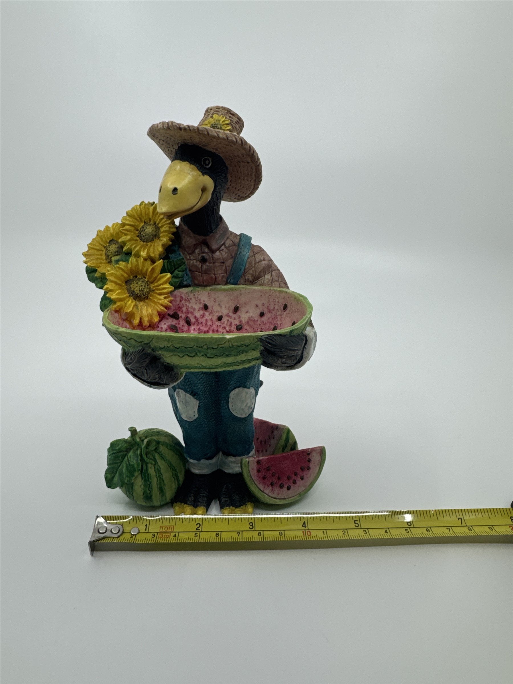 Resin Crow Scarecrow Figurine Holding a Watermelon Basket Sunflowers Straw Hat