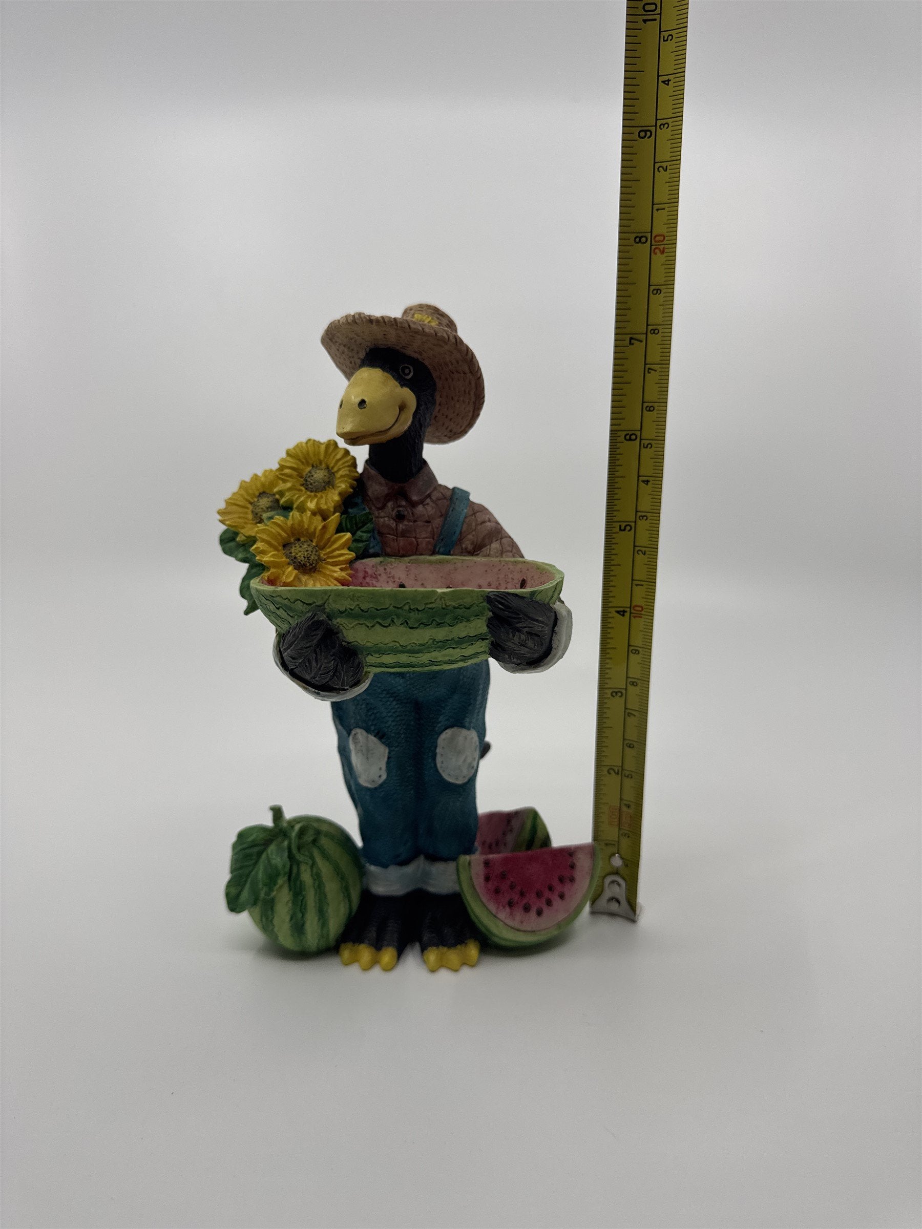 Resin Crow Scarecrow Figurine Holding a Watermelon Basket Sunflowers Straw Hat