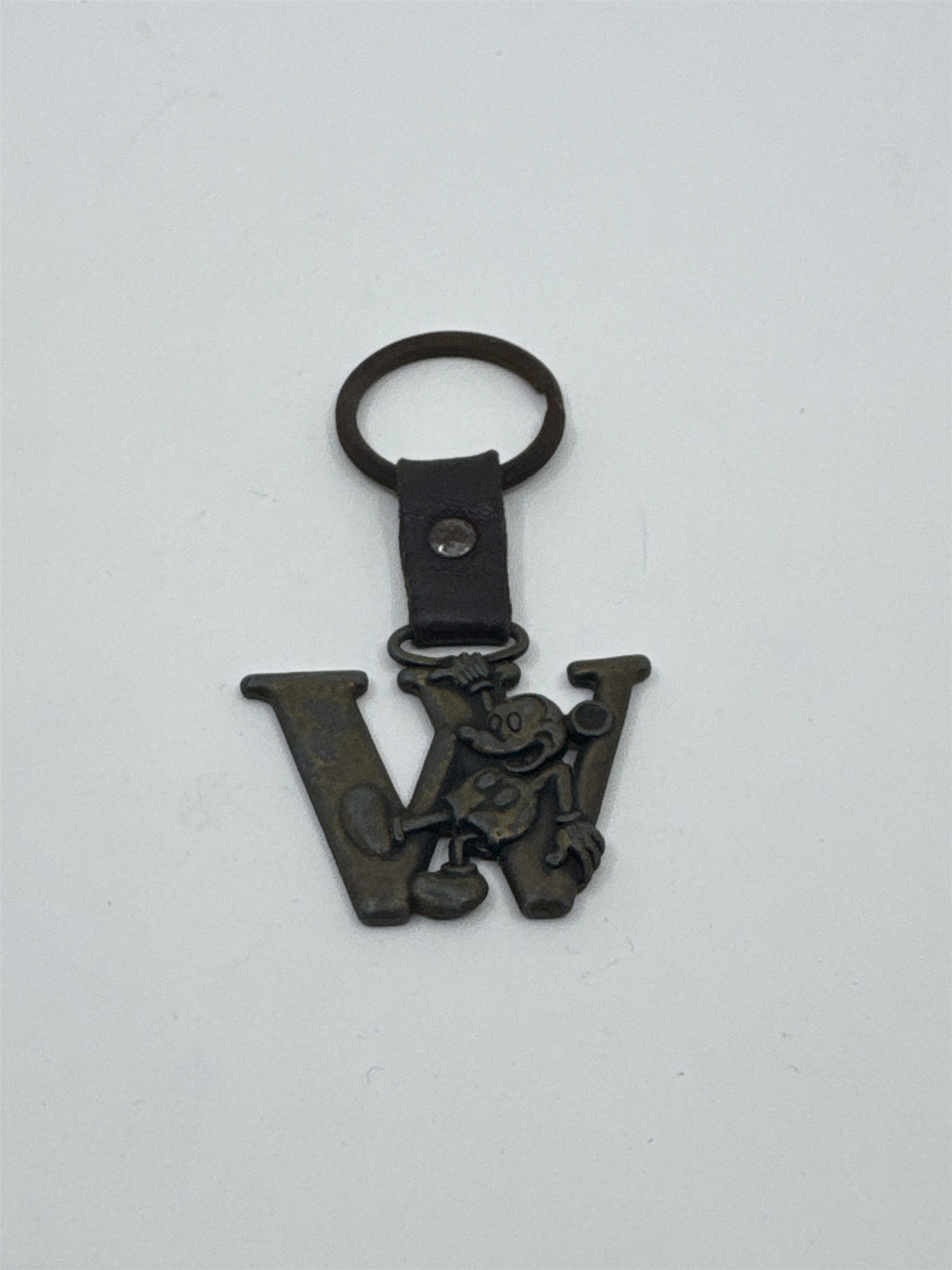 Vintage Authentic Disney Mickey Mouse Letter W Brass Keychain Key Ring (Rusting)